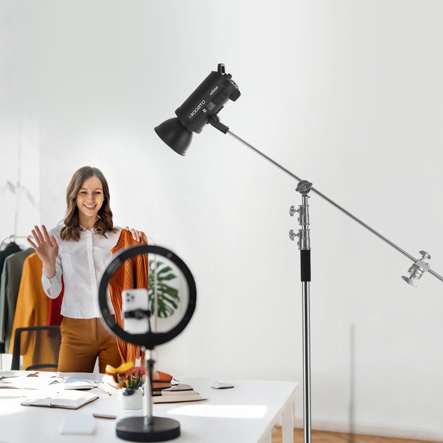 Stainless Steel C Stand with Boom Arm, Heavy Duty Photography Light Stand, Adjustable Height, Grip Heads for Studio Monolight, Softbox, Reflector, Versatile, Easy Transport, Max Height 10.83 ft