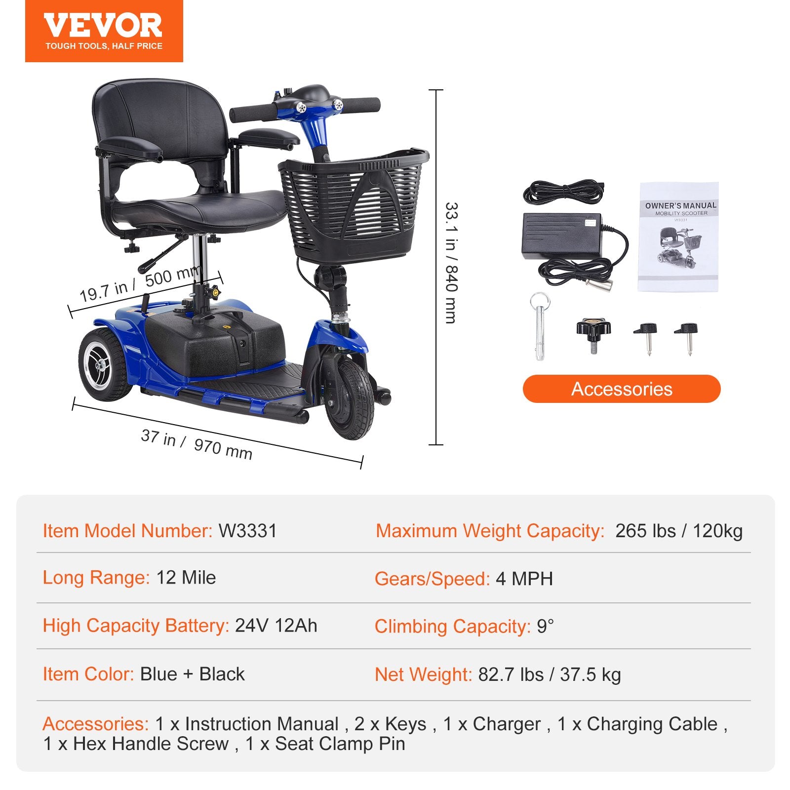 Compact 3-Wheel Electric Folding Mobility Scooter for Adults & Seniors, 12 Mile Range, 265lb Capacity, Ideal for Travel & Climbing 9° Slopes