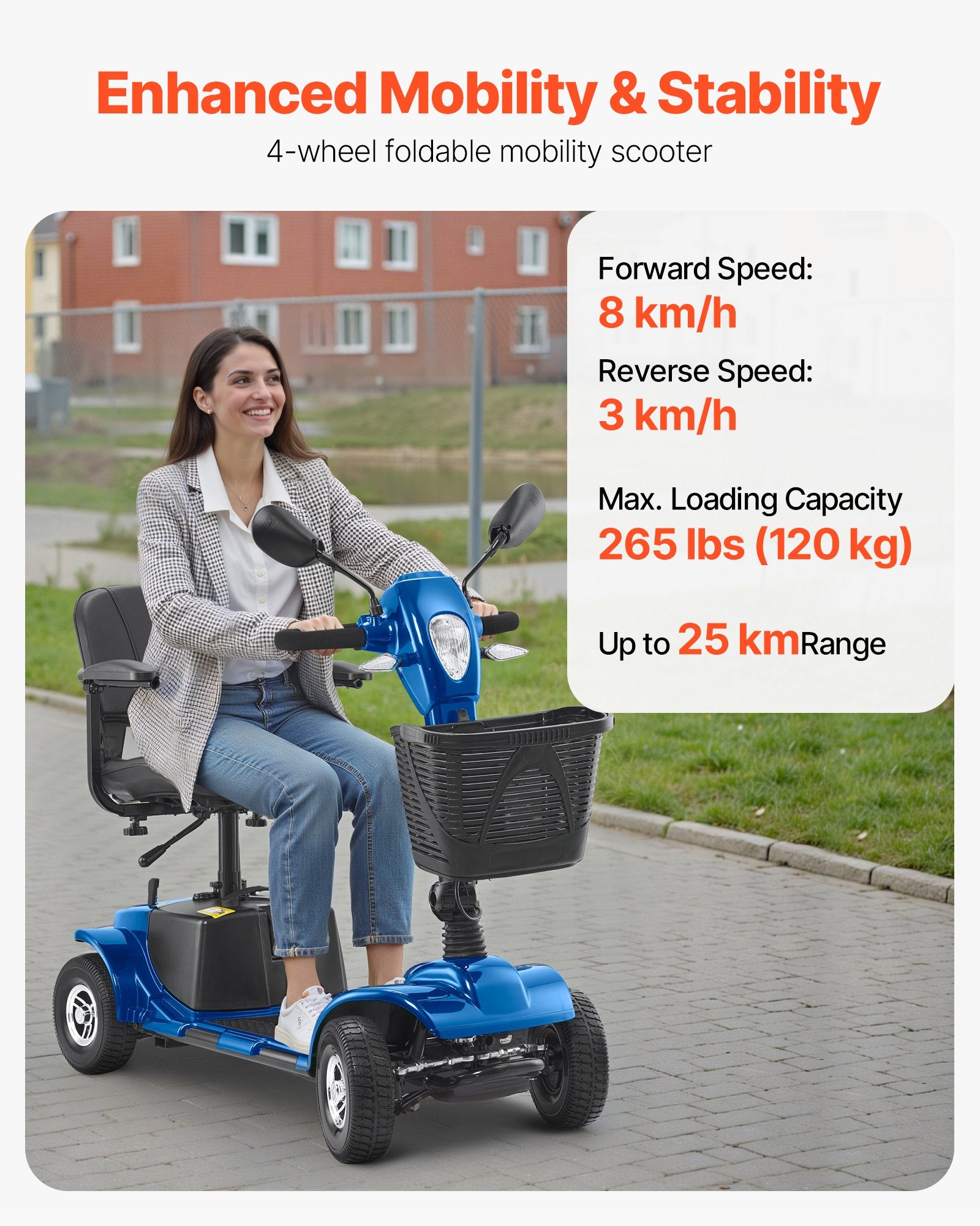 Folding Electric Mobility Scooter for Adults & Seniors - Heavy Duty, 4 Wheels, 12 Mile Range, 265lb Capacity, 9° Climb, Anti-Skid Wheels, Travel Ready