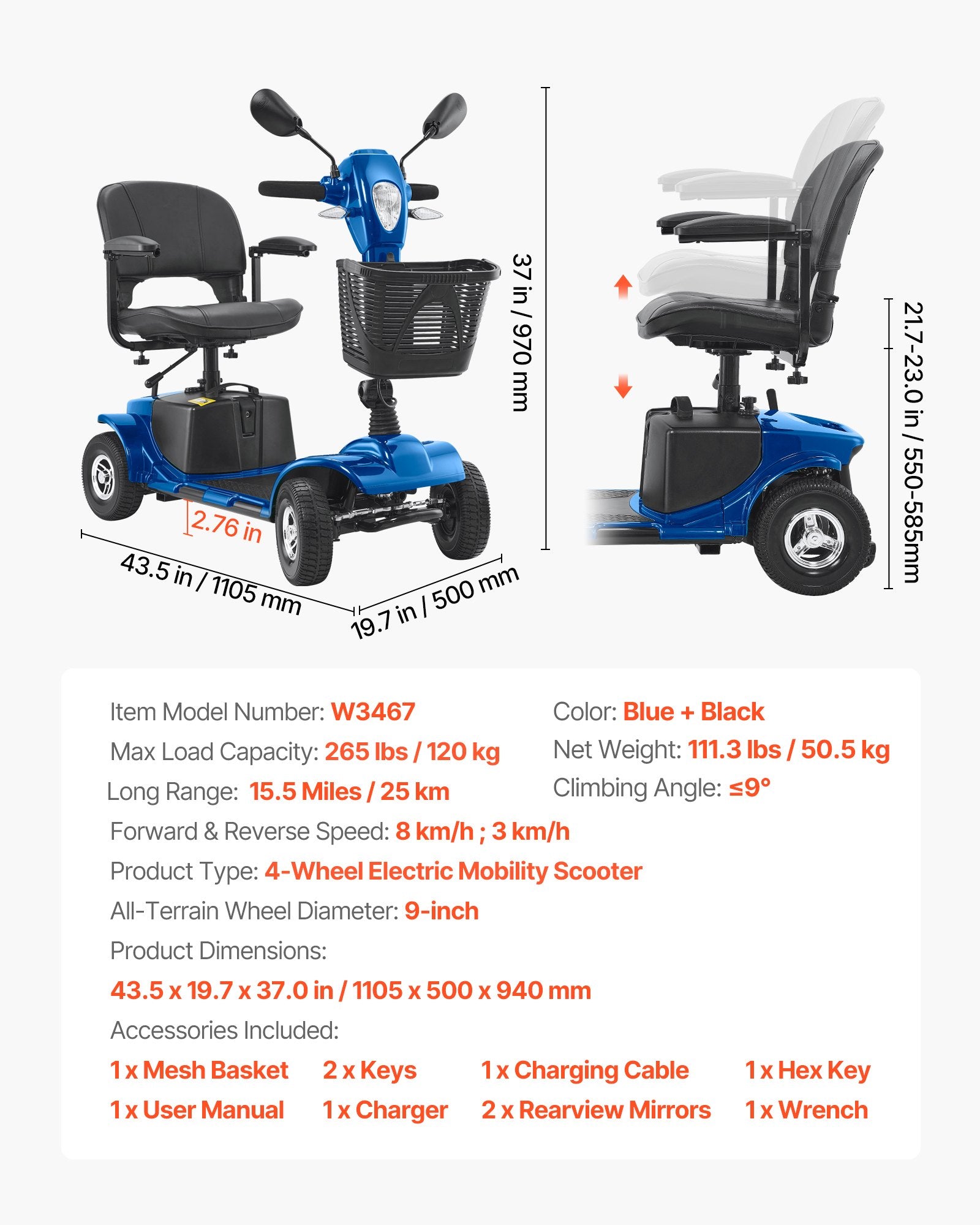 Folding Electric Mobility Scooter for Adults & Seniors - Heavy Duty, 4 Wheels, 12 Mile Range, 265lb Capacity, 9° Climb, Anti-Skid Wheels, Travel Ready