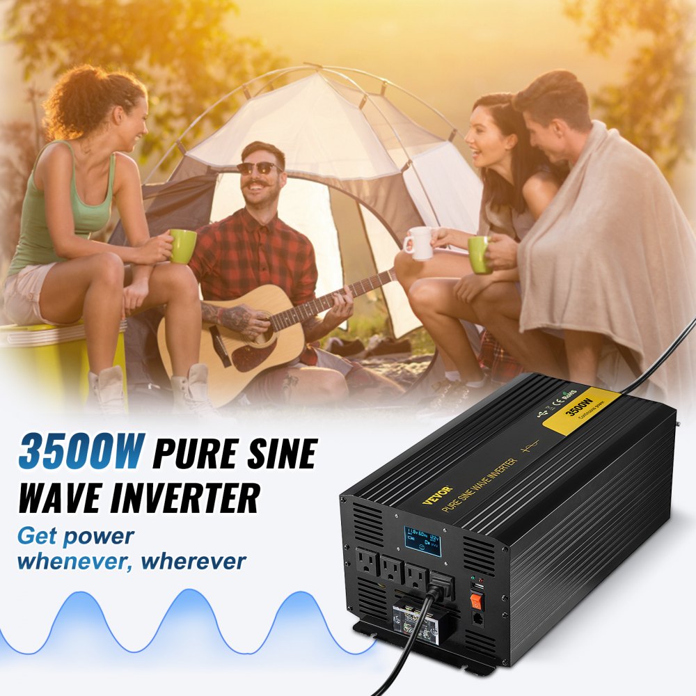 High Capacity 3500W Pure Sine Wave Inverter with USB and LCD for RVs, Trucks, and Camping - DC 12V to AC 120V Conversion with Remote and GFCI Outlets