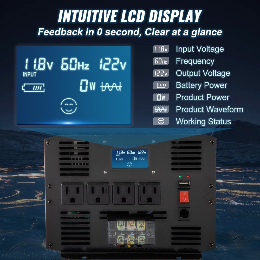 High Capacity 3500W Pure Sine Wave Inverter with USB and LCD for RVs, Trucks, and Camping - DC 12V to AC 120V Conversion with Remote and GFCI Outlets