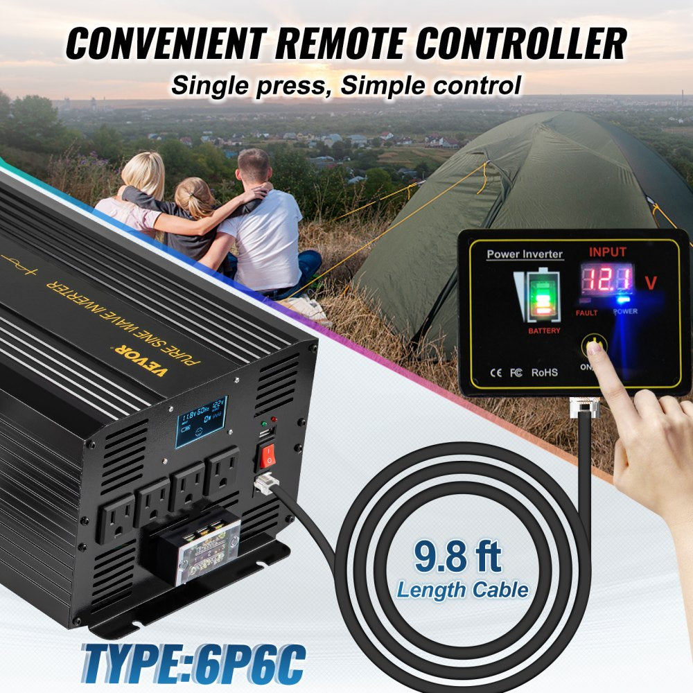 High Capacity 3500W Pure Sine Wave Inverter with USB and LCD for RVs, Trucks, and Camping - DC 12V to AC 120V Conversion with Remote and GFCI Outlets