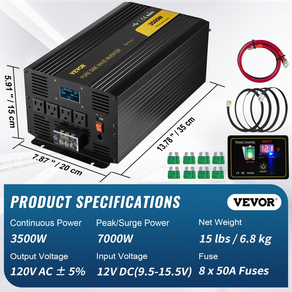 High Capacity 3500W Pure Sine Wave Inverter with USB and LCD for RVs, Trucks, and Camping - DC 12V to AC 120V Conversion with Remote and GFCI Outlets