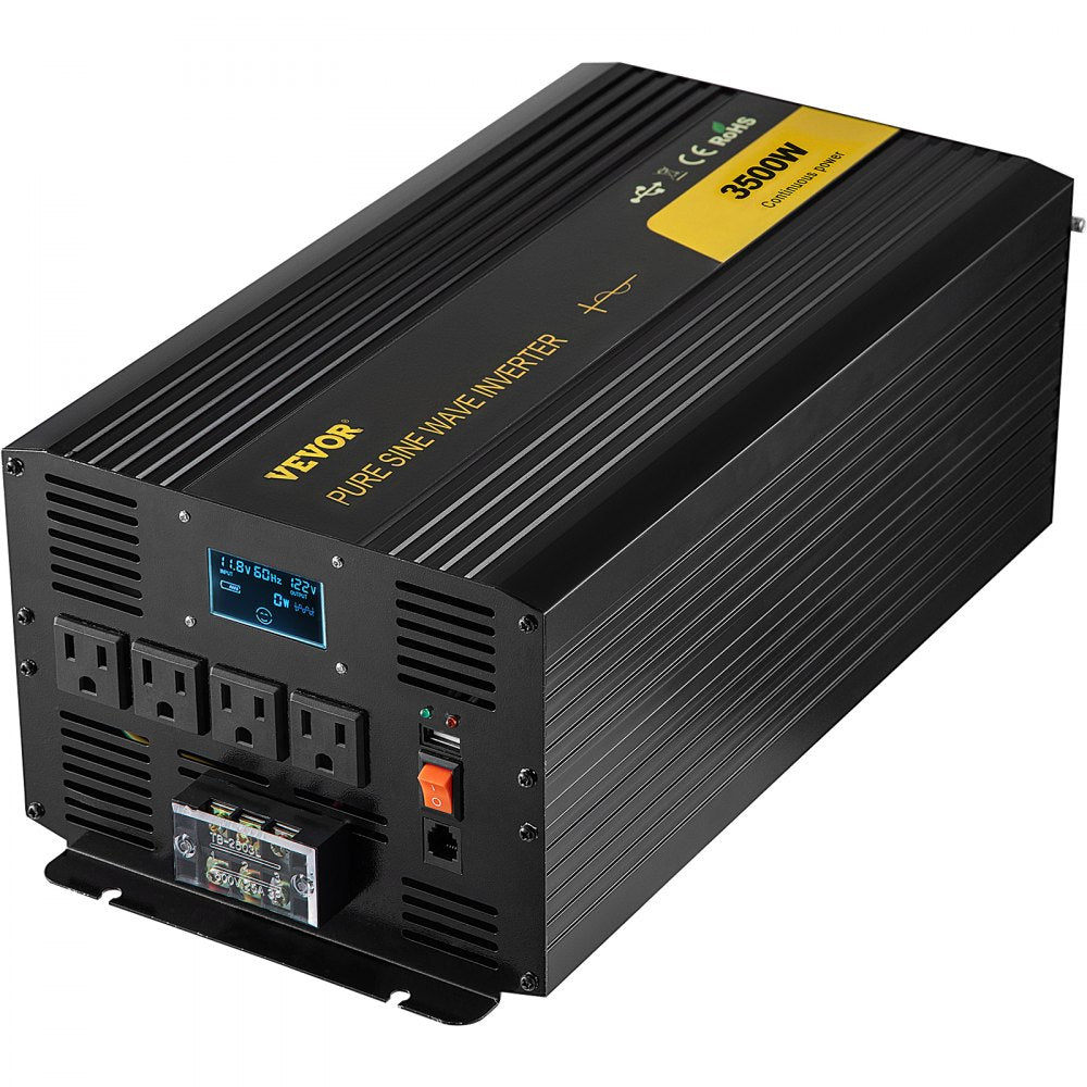 High Capacity 3500W Pure Sine Wave Inverter with USB and LCD for RVs, Trucks, and Camping - DC 12V to AC 120V Conversion with Remote and GFCI Outlets