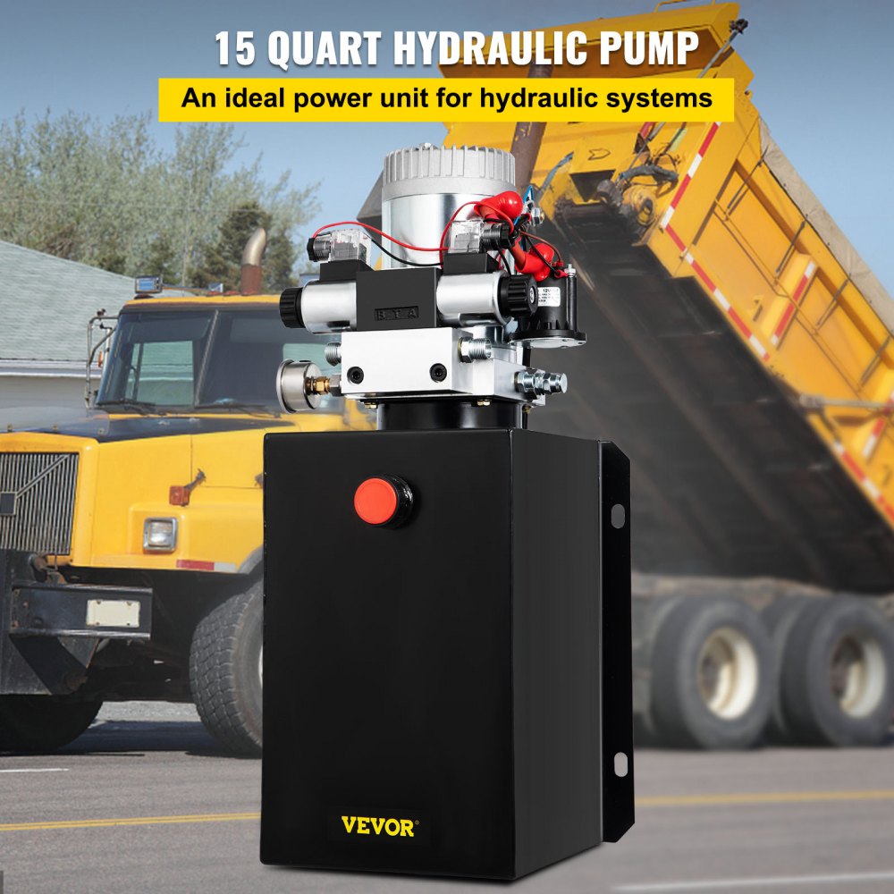 12V Double Acting Hydraulic Power Unit with 15 Quart Capacity & Brass Pressure Gauge for Dump Trailers and Lift Gates
