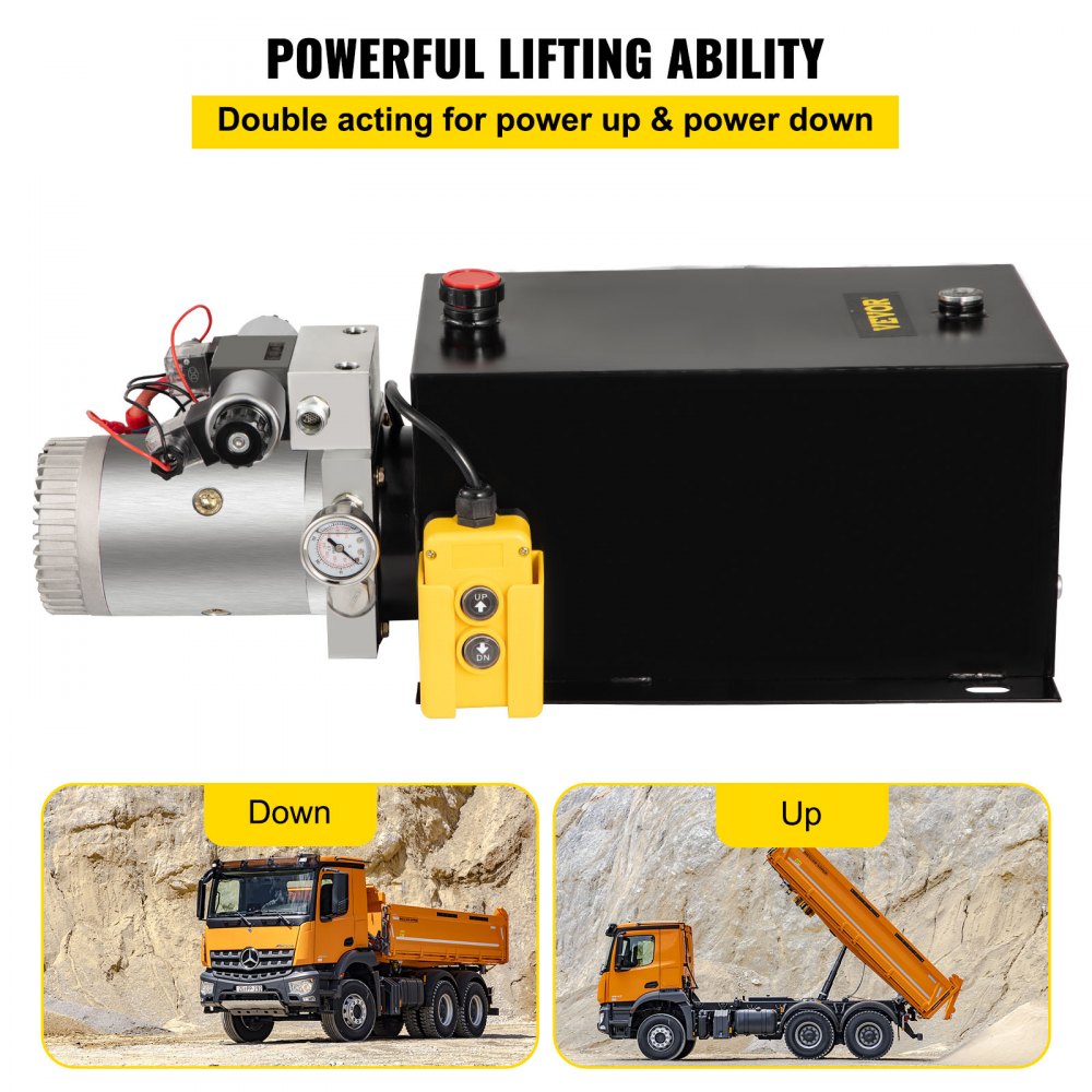 12V Double Acting Hydraulic Power Unit with 15 Quart Capacity & Brass Pressure Gauge for Dump Trailers and Lift Gates