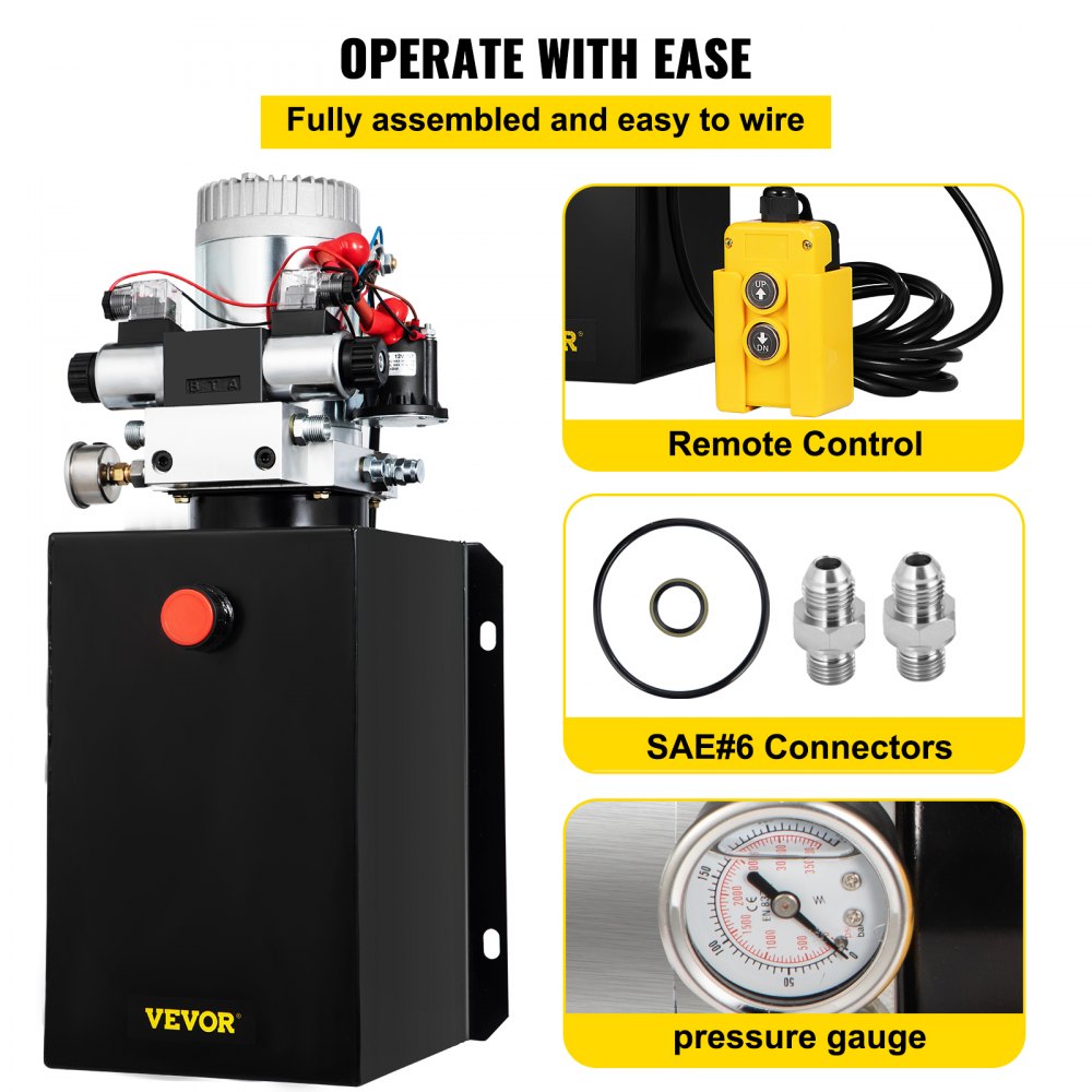 12V Double Acting Hydraulic Power Unit with 15 Quart Capacity & Brass Pressure Gauge for Dump Trailers and Lift Gates