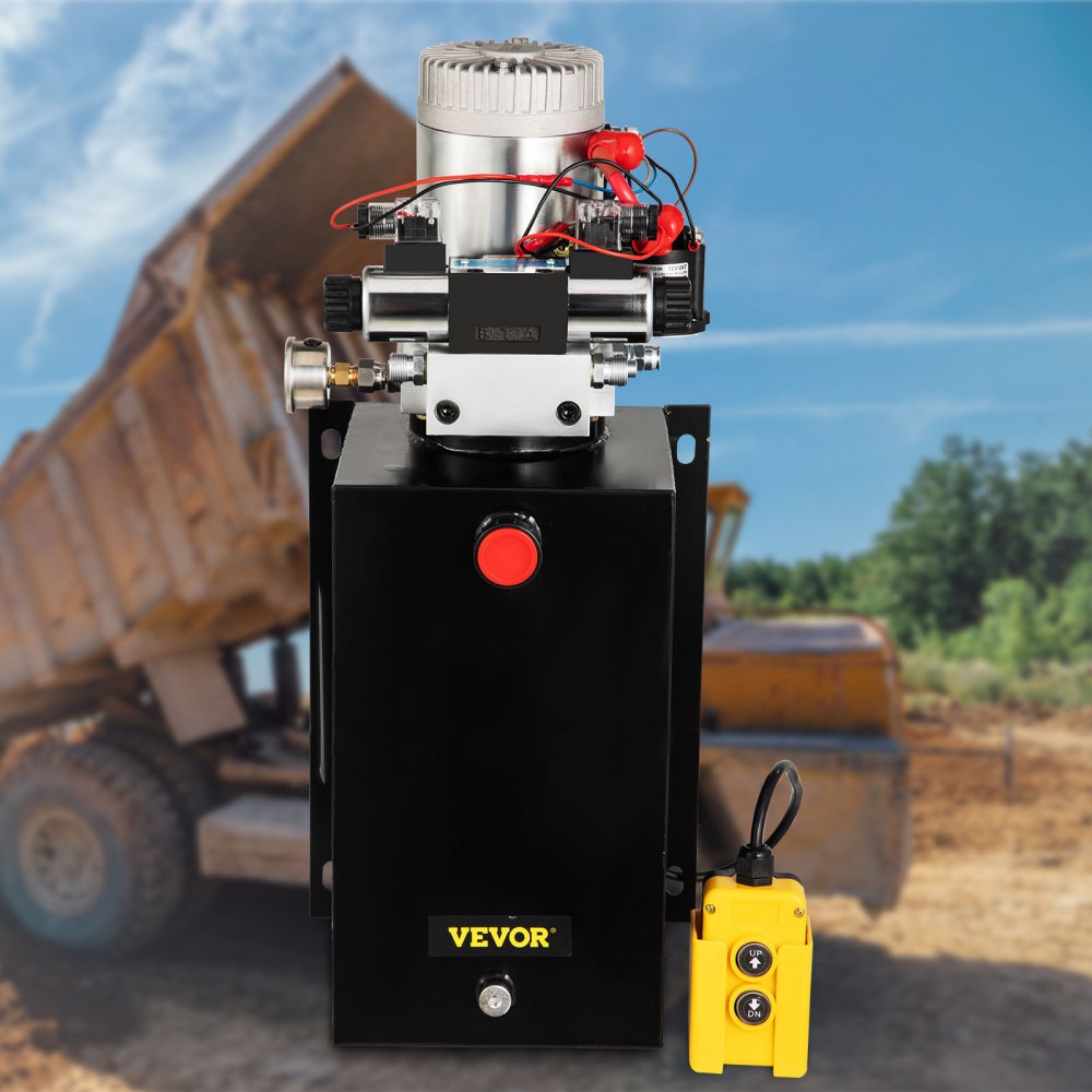 12V Double Acting Hydraulic Power Unit with 15 Quart Capacity & Brass Pressure Gauge for Dump Trailers and Lift Gates