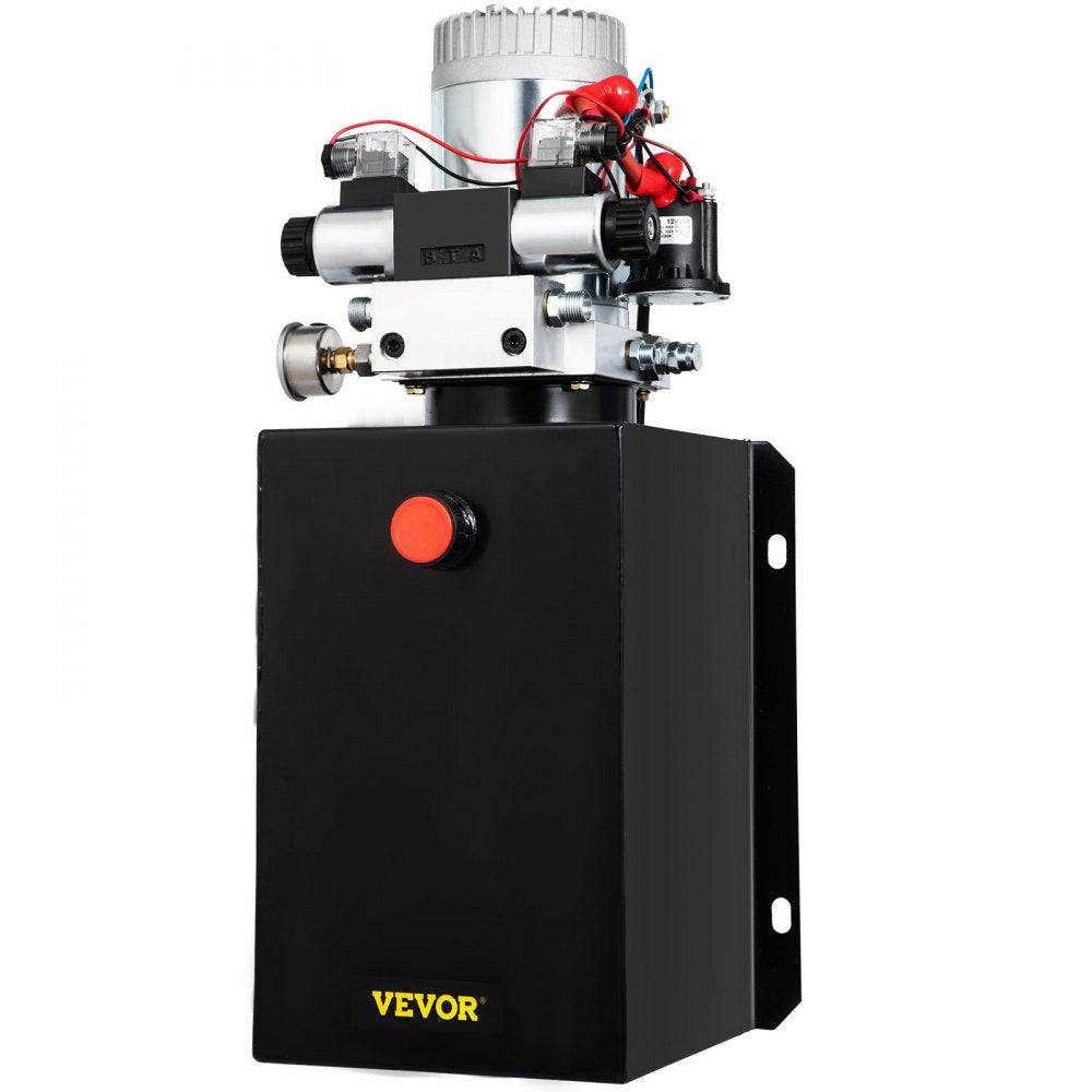 12V Double Acting Hydraulic Power Unit with 15 Quart Capacity & Brass Pressure Gauge for Dump Trailers and Lift Gates