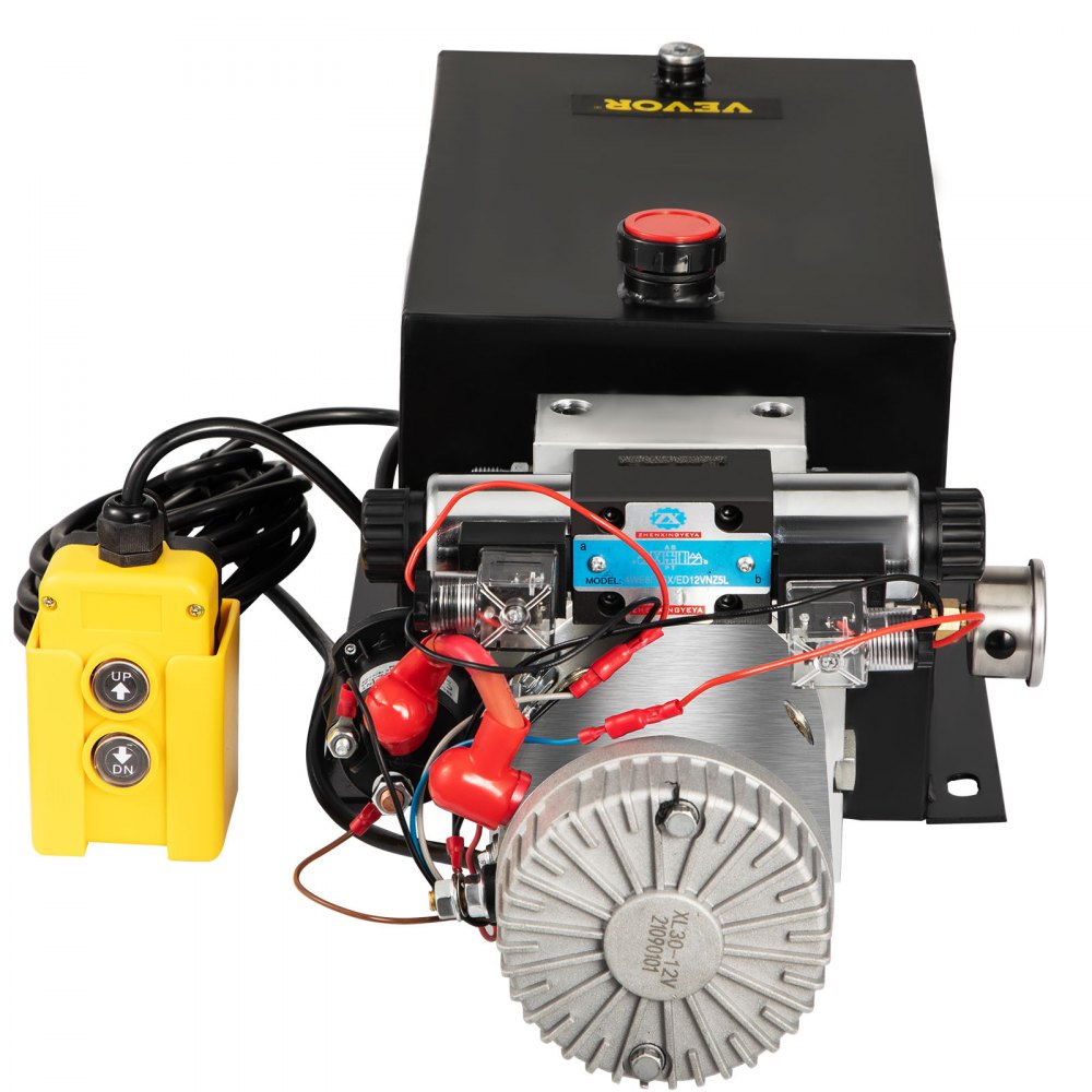 12V Double Acting Hydraulic Power Unit with 15 Quart Capacity & Brass Pressure Gauge for Dump Trailers and Lift Gates