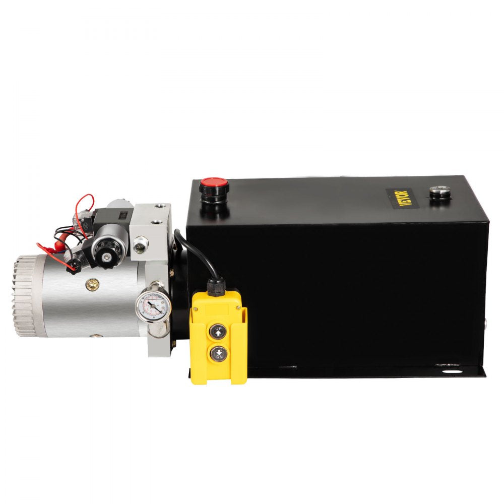 12V Double Acting Hydraulic Power Unit with 15 Quart Capacity & Brass Pressure Gauge for Dump Trailers and Lift Gates