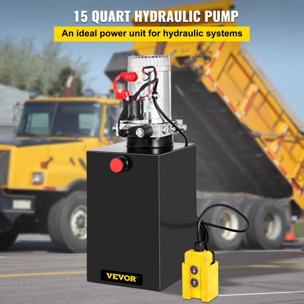 VEVOR Single Acting 15 Quart Hydraulic Pump 12V DC Hydraulic Power Unit 3.75 Gallon Dump Trailer Pump Steel Hydraulic Power Unit