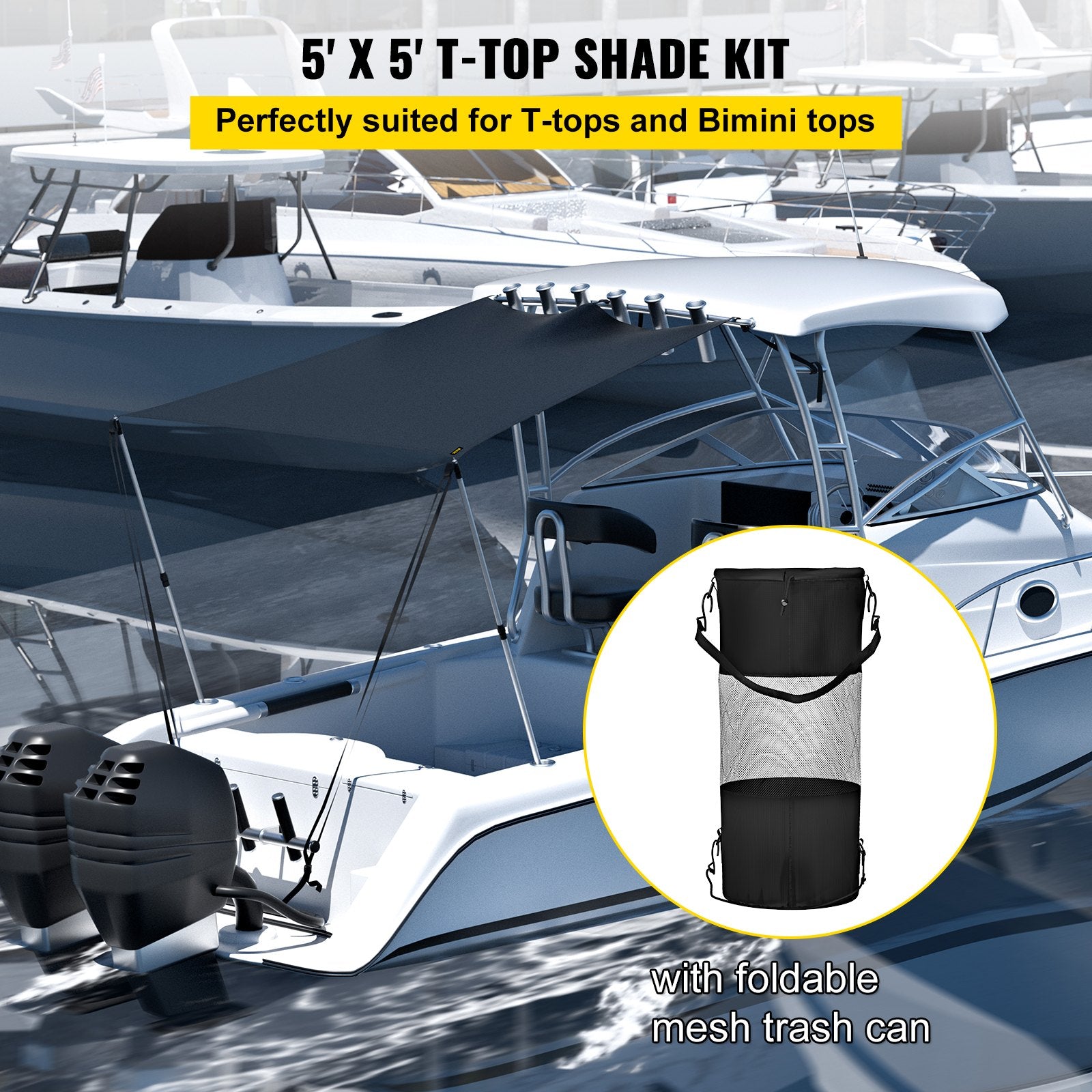 Durable 5' x 5' T-Top Sun Shade Kit with UV-Proof 600D Polyester, Waterproof, Rustproof Steel Poles, Easy Assembly for Bimini & T-Tops