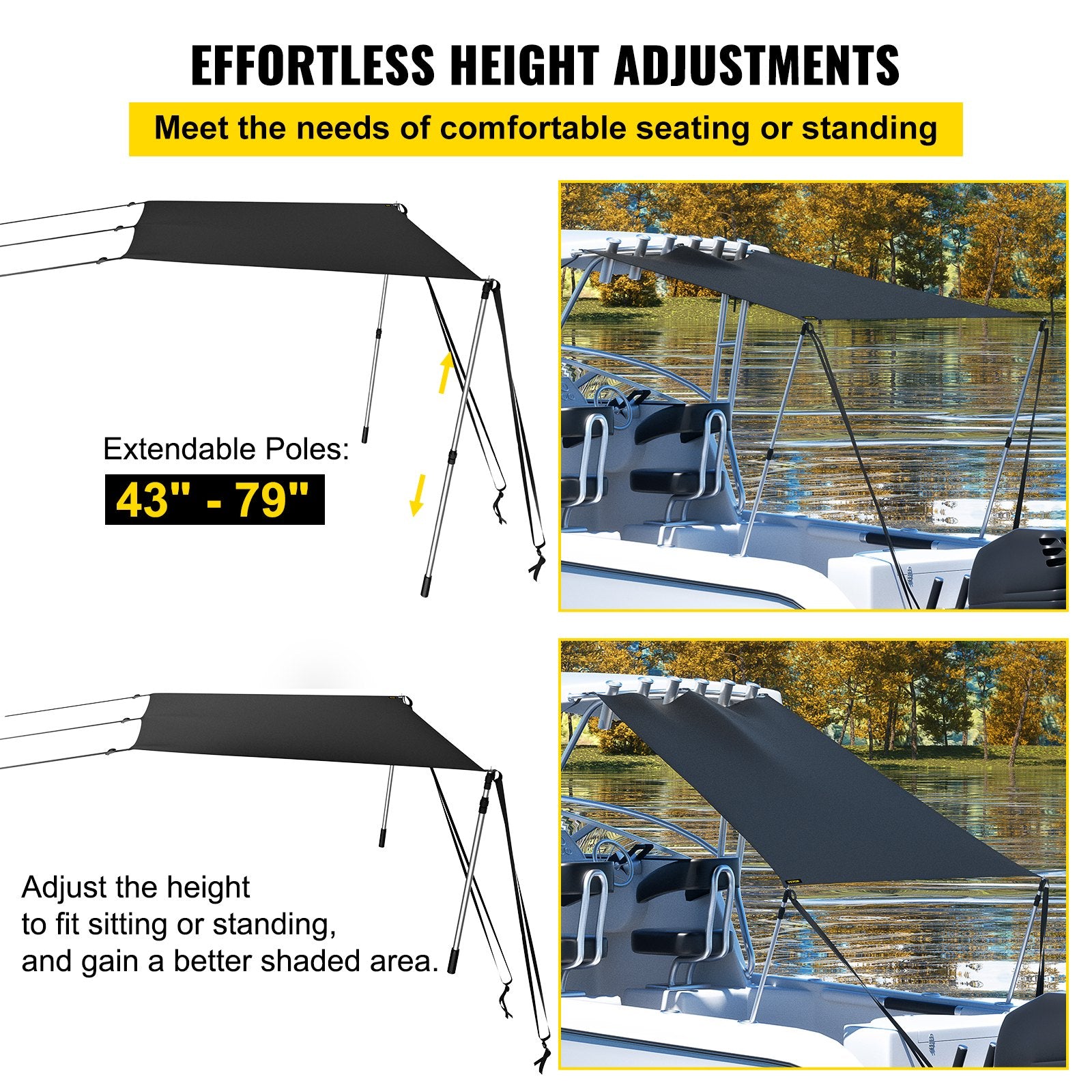 Durable 5' x 5' T-Top Sun Shade Kit with UV-Proof 600D Polyester, Waterproof, Rustproof Steel Poles, Easy Assembly for Bimini & T-Tops