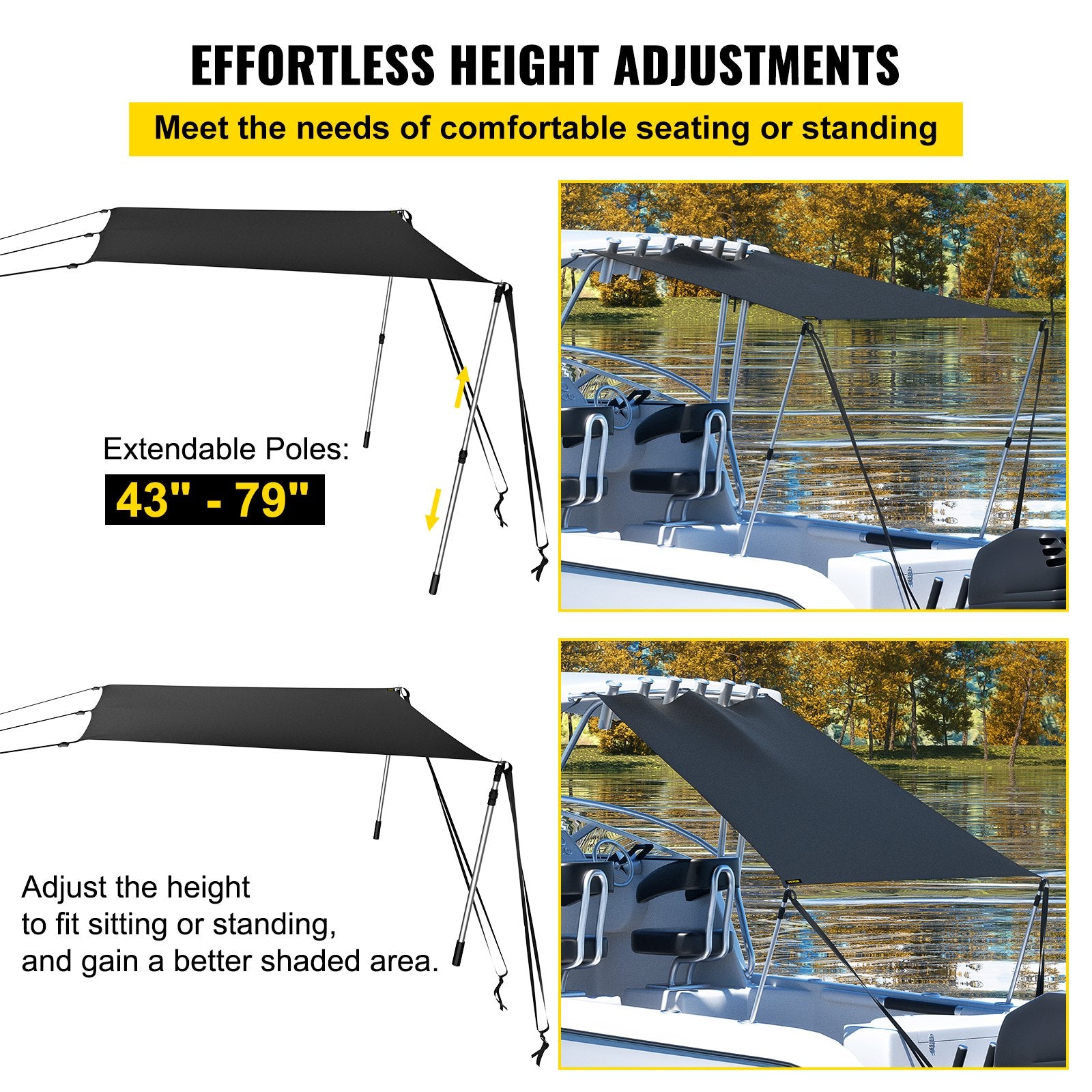 Versatile T-Top Sun Shade Kit 6' x 5' - UV-Proof 600D Polyester, Rustproof Steel Poles, Waterproof, Easy Assembly for T-Tops & Bimini Tops