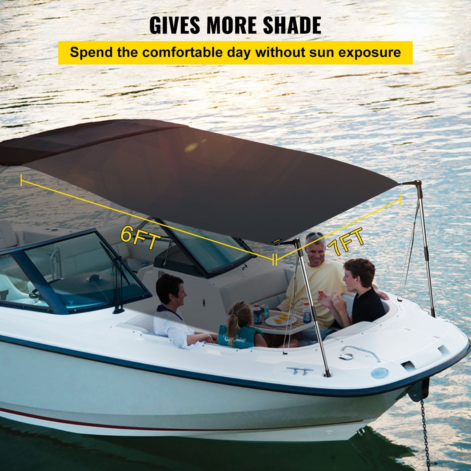Durable 6' x 7' T-Top Sun Shade Kit with UV-Proof 600D Polyester, Rustproof Steel Poles, Waterproof for Boats & Bimini Tops