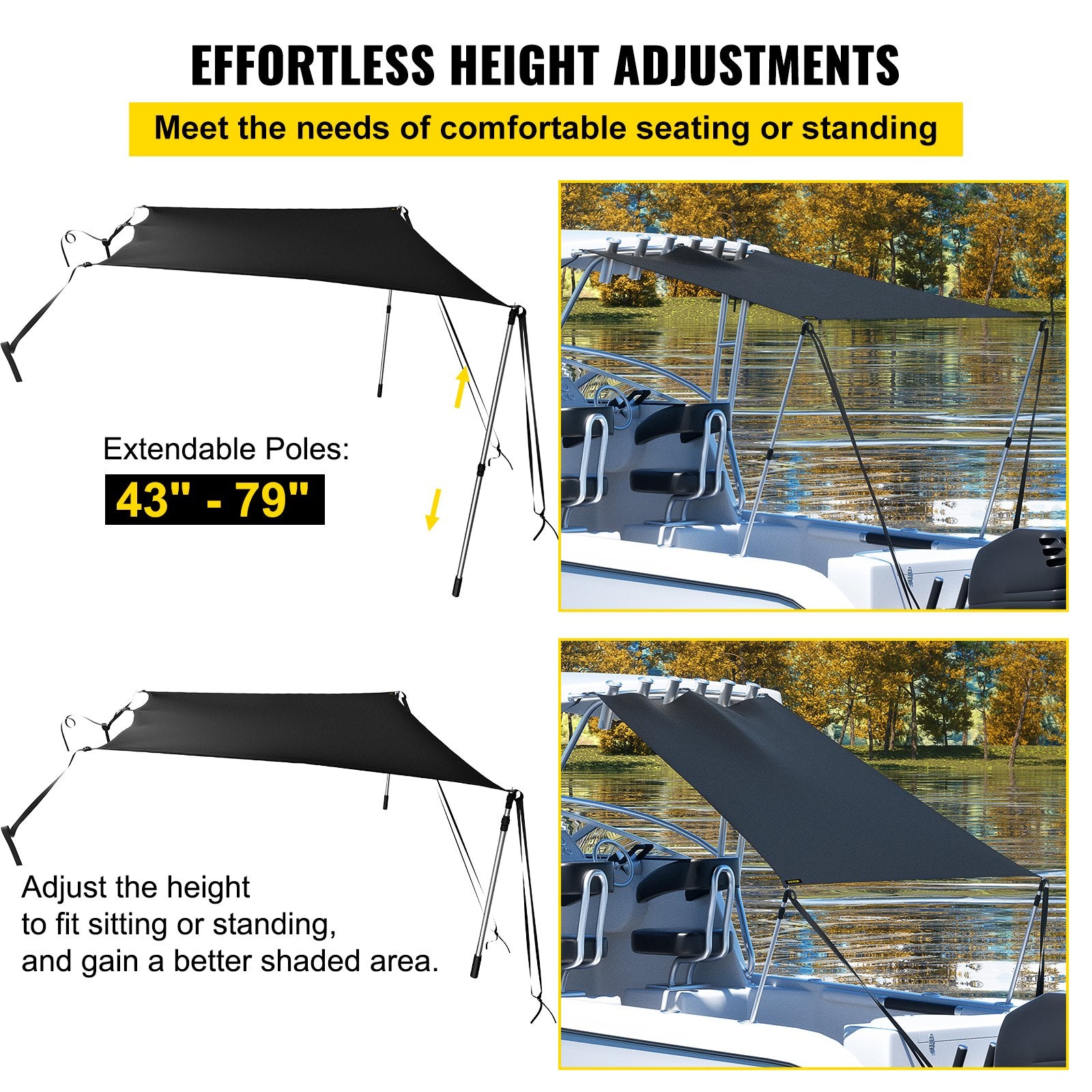 Durable 6' x 7' T-Top Sun Shade Kit with UV-Proof 600D Polyester, Rustproof Steel Poles, Waterproof for Boats & Bimini Tops