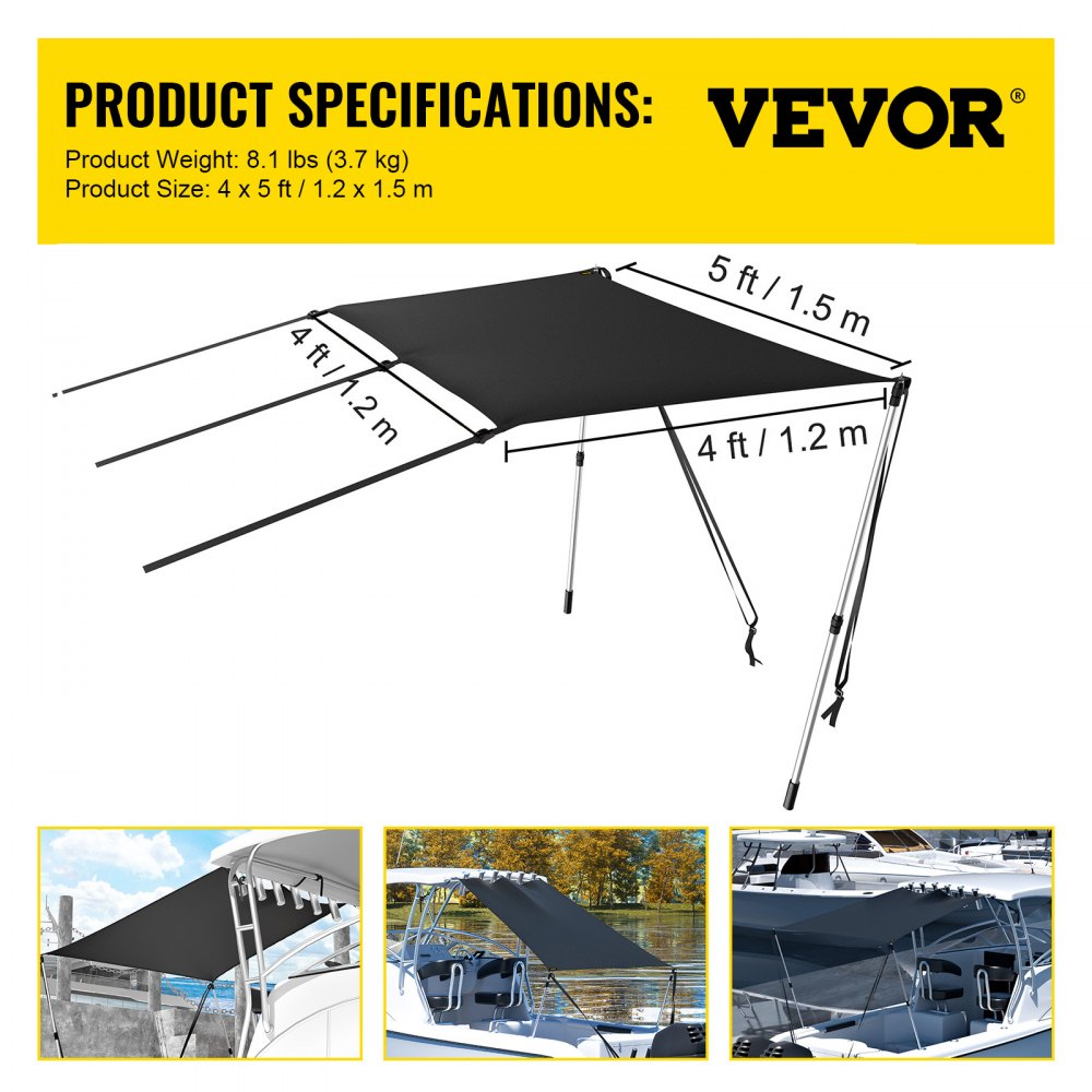 VEVOR T-Top Sun Shade Kit 4\' x 5\', UV-Proof 600D Polyester T-top Extension Kit with Rustproof Steel Telescopic Poles, Waterproof T-Top Shade Kit, Easy to Assemble for T-Tops ＆ Bimini Top