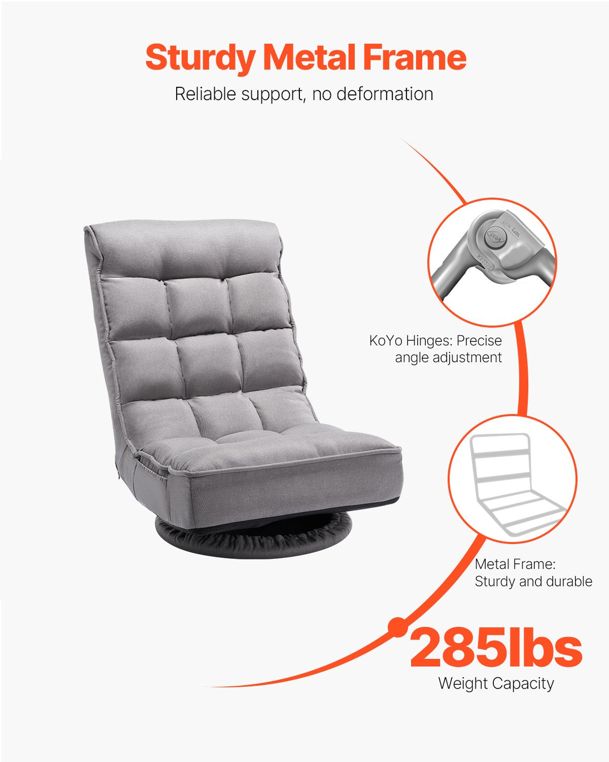 Gray Swivel Floor Gaming Chair with 360-Degree Rotation, Adjustable Backrest, Lumbar Support, for TV, Reading & Gaming Comfort