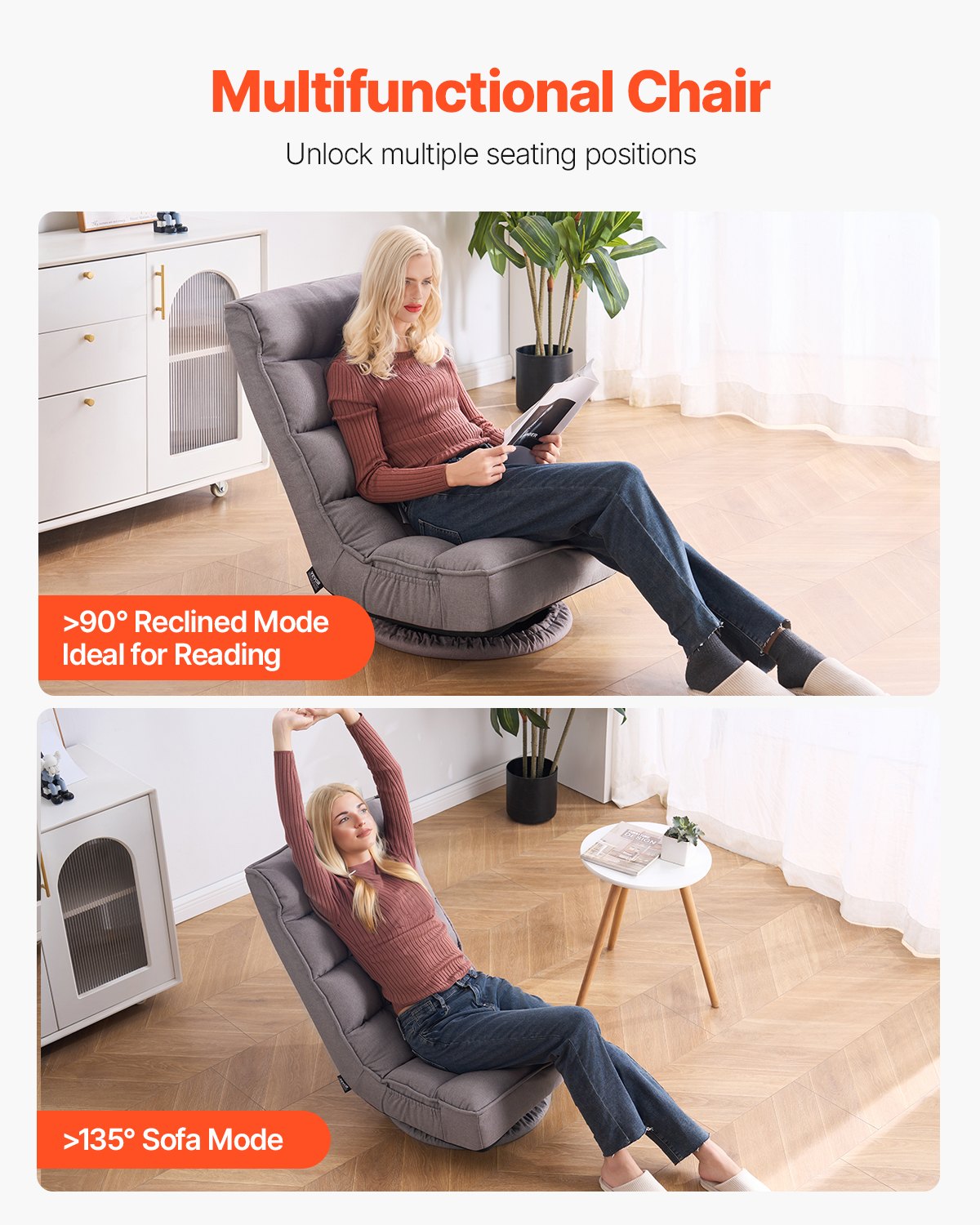 Gray Swivel Floor Gaming Chair with 360-Degree Rotation, Adjustable Backrest, Lumbar Support, for TV, Reading & Gaming Comfort