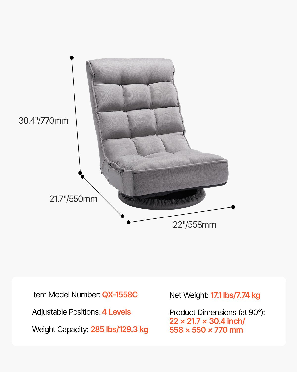 Gray Swivel Floor Gaming Chair with 360-Degree Rotation, Adjustable Backrest, Lumbar Support, for TV, Reading & Gaming Comfort
