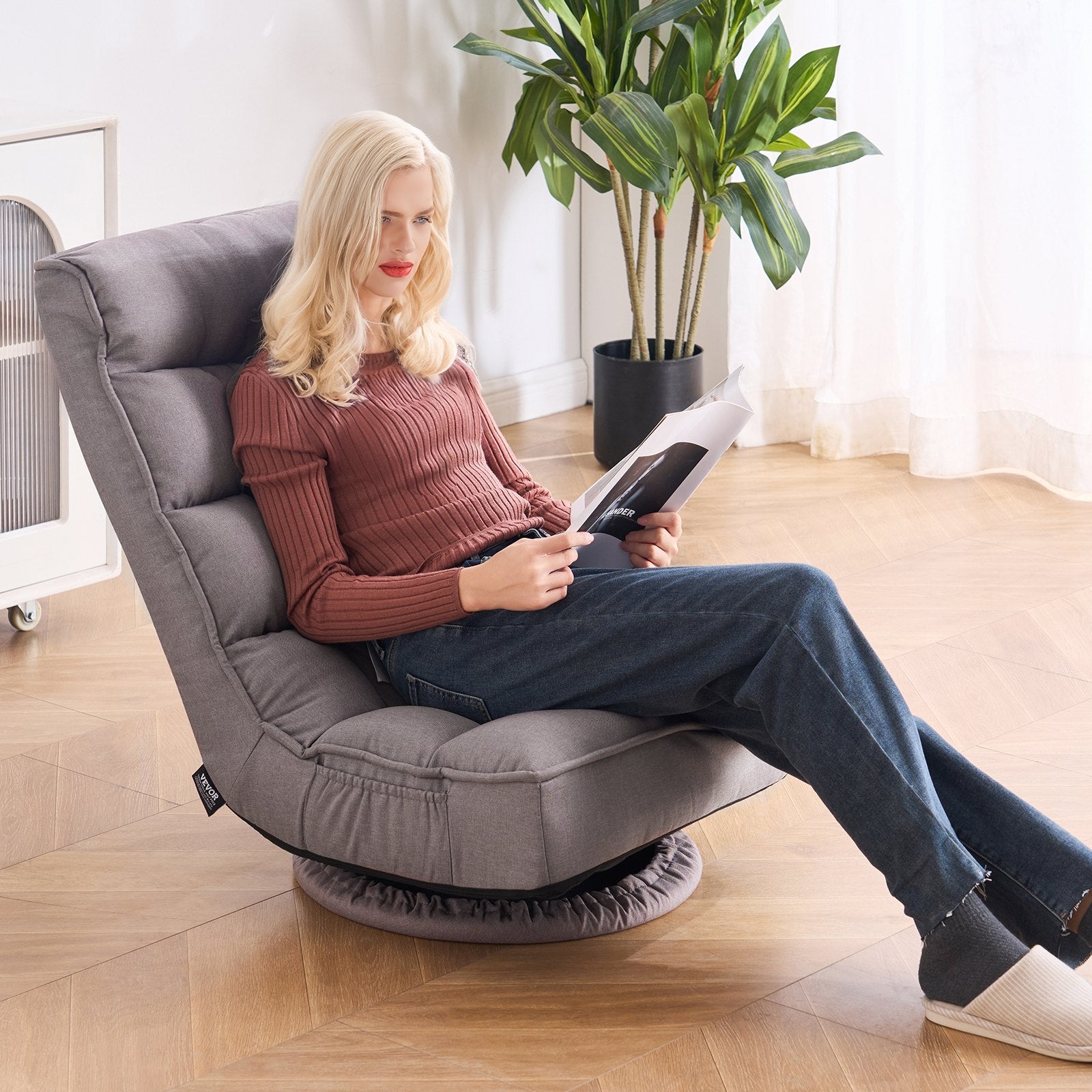 Gray Swivel Floor Gaming Chair with 360-Degree Rotation, Adjustable Backrest, Lumbar Support, for TV, Reading & Gaming Comfort