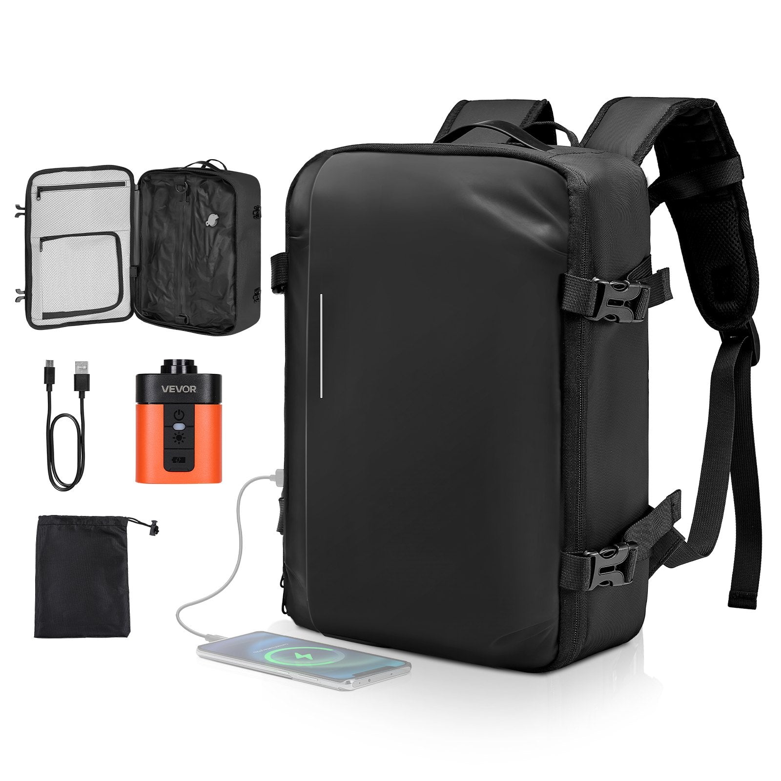 Versatile 35L Vacuum Seal Travel Backpack with Air Pump, Water-Resistant, Multi-Pocket, Reflective Strips, Carry-On Luggage Bag, Black