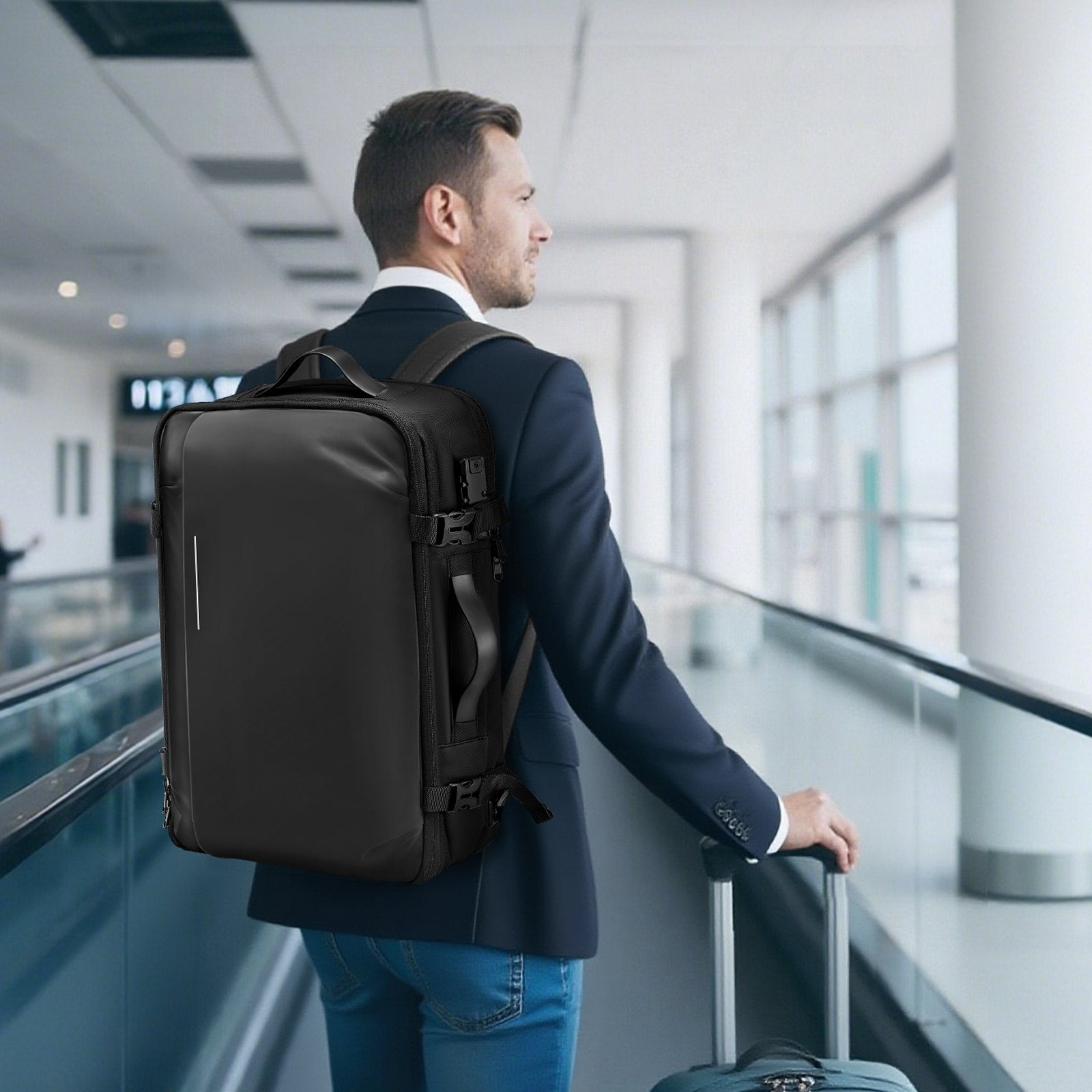 65L Expandable Travel Backpack with Vacuum Seal, TSA Lock, Water-Resistant, Compression Pump, Carry-On Luggage for Business Trips, Black