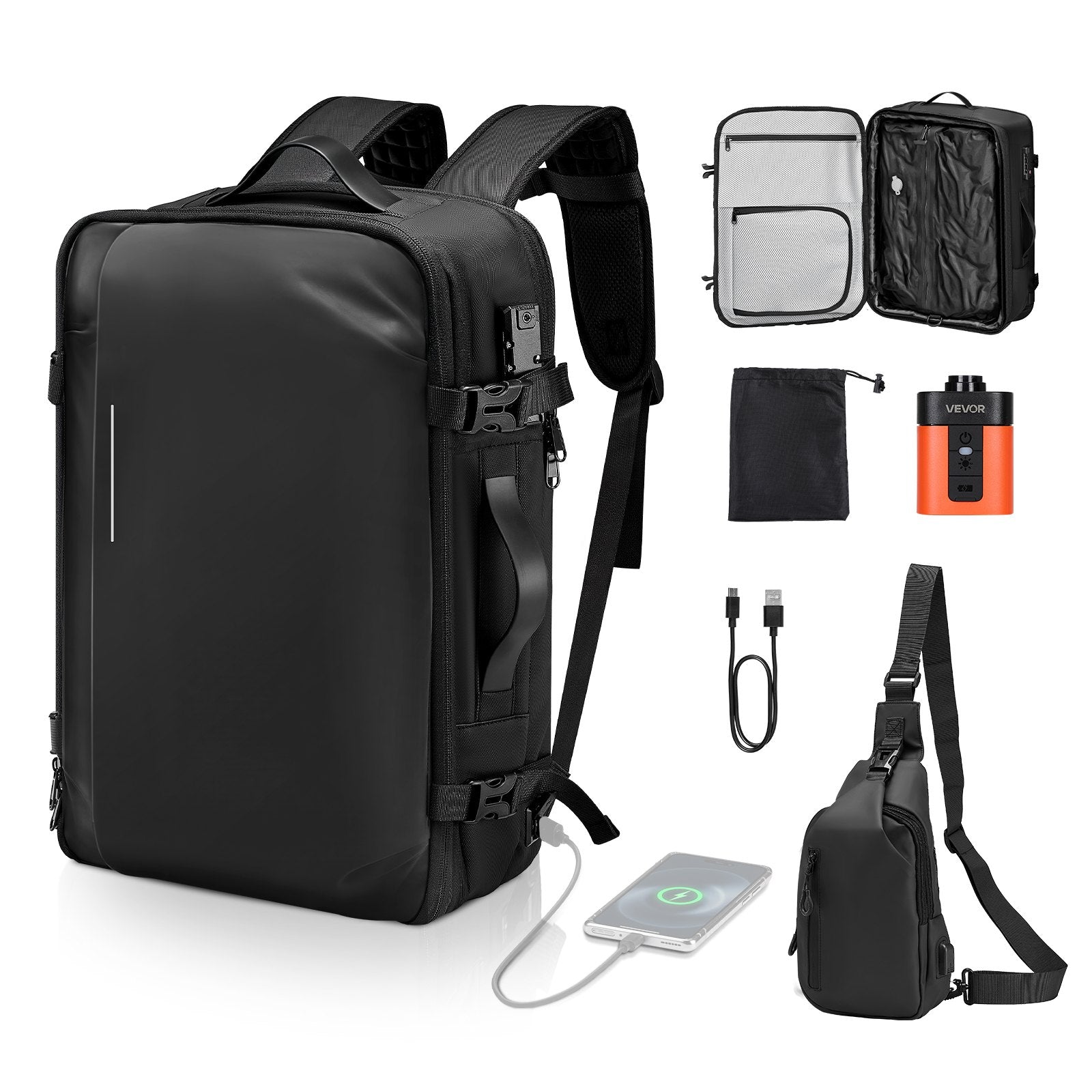 65L Expandable Travel Backpack with Vacuum Seal, TSA Lock, Water-Resistant, Compression Pump, Carry-On Luggage for Business Trips, Black
