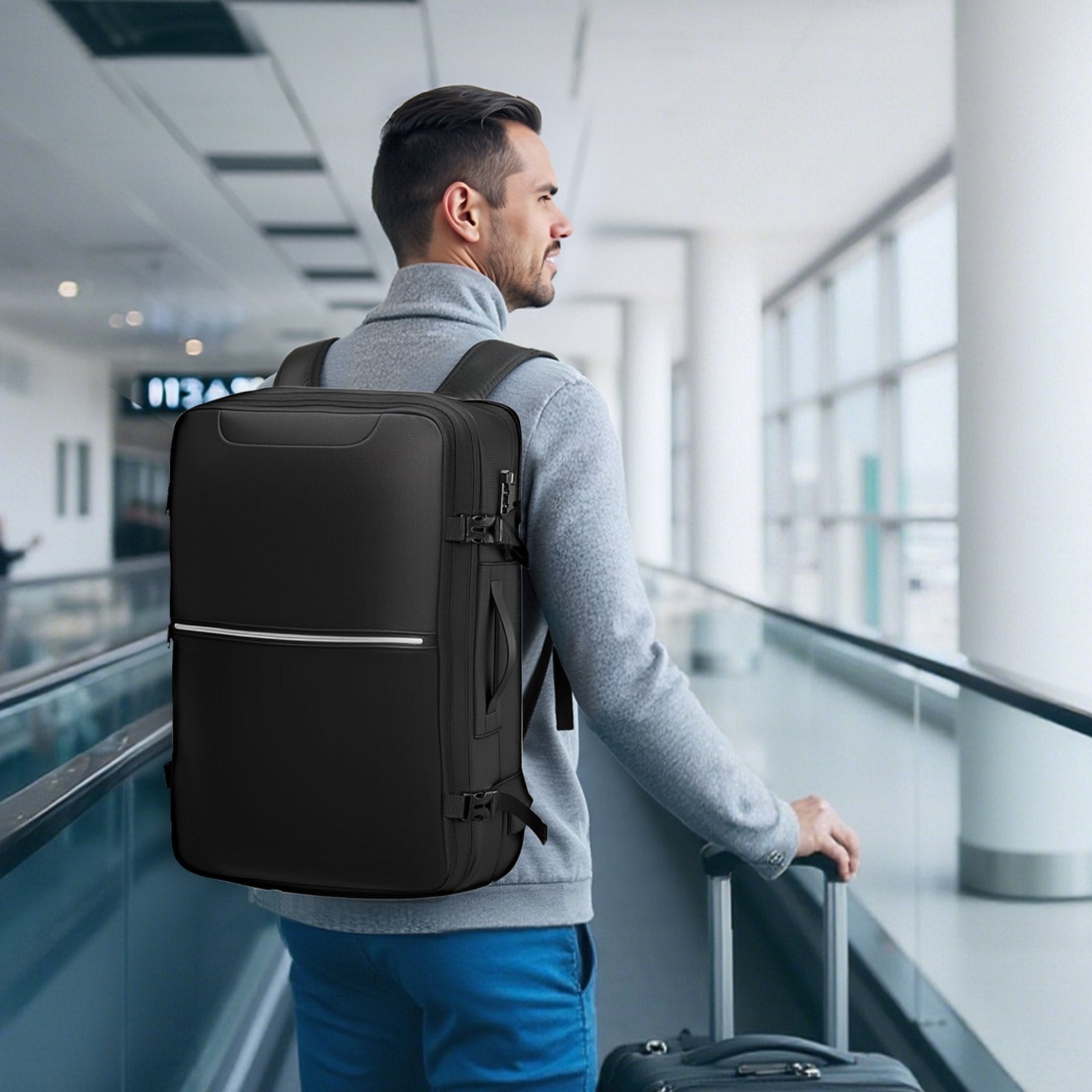 Expandable 80L Vacuum Seal Travel Backpack with Pump, TSA-Approved Lock, Water-Resistant, Black Carry-On Luggage for Business Trips