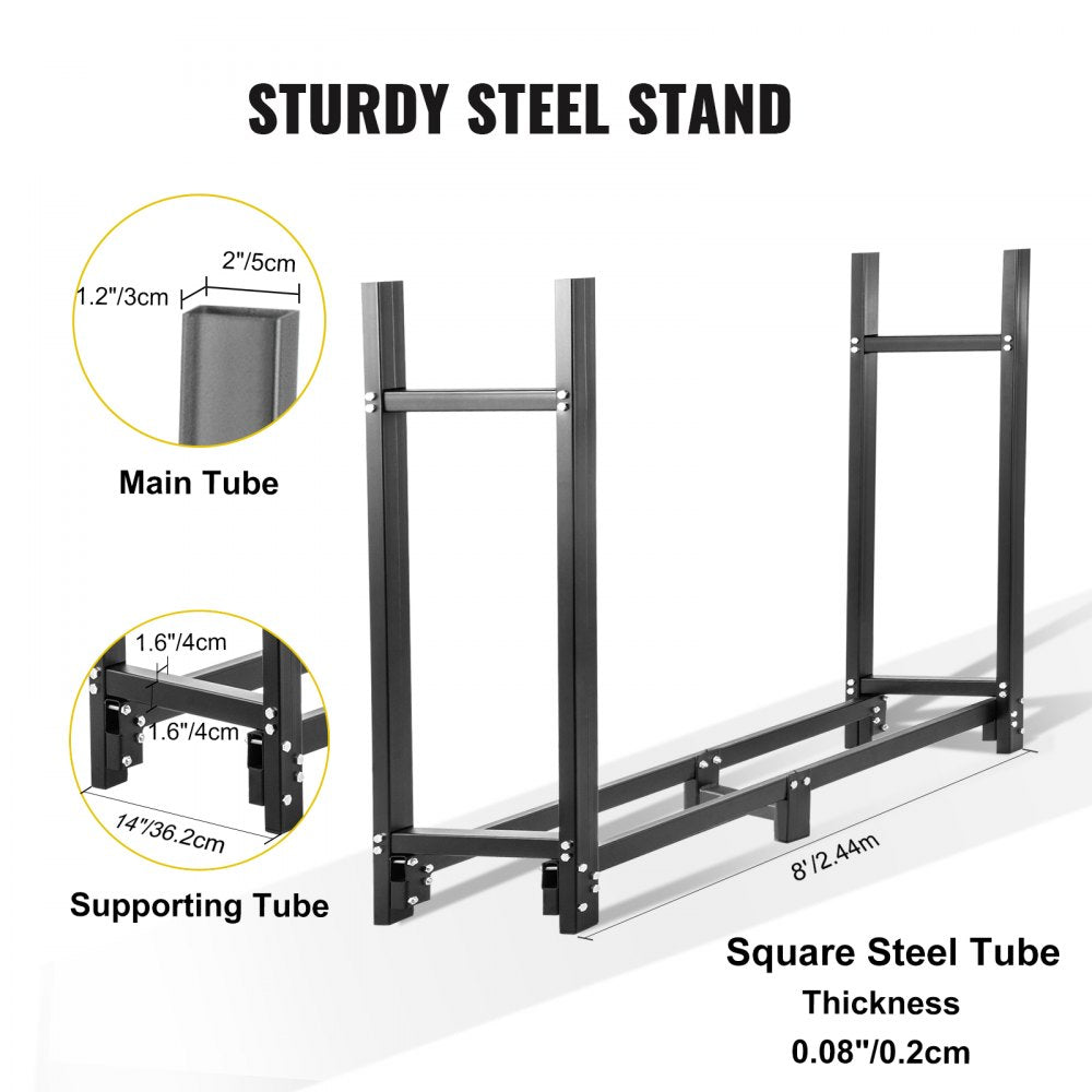 8ft Outdoor Steel Firewood Log Holder with Cover and Tool Set - 1300lbs Capacity