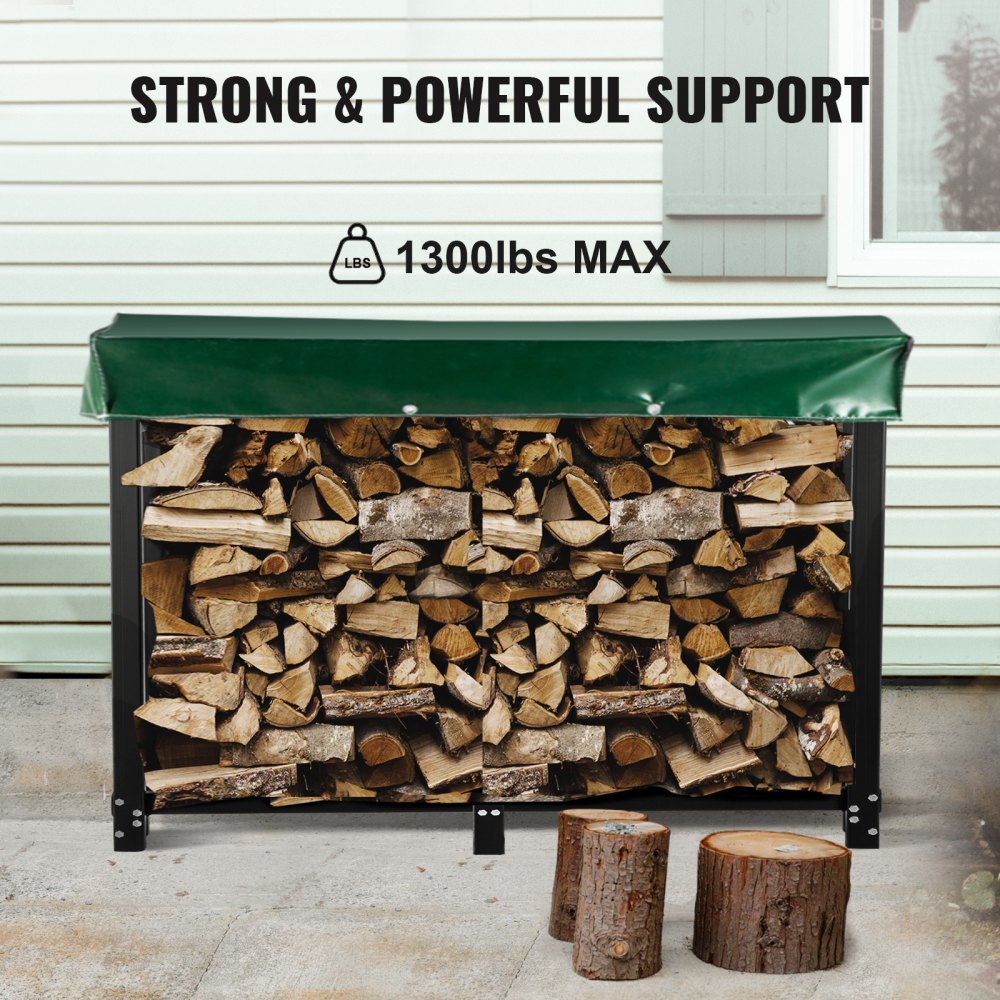 8ft Outdoor Steel Firewood Log Holder with Cover and Tool Set - 1300lbs Capacity