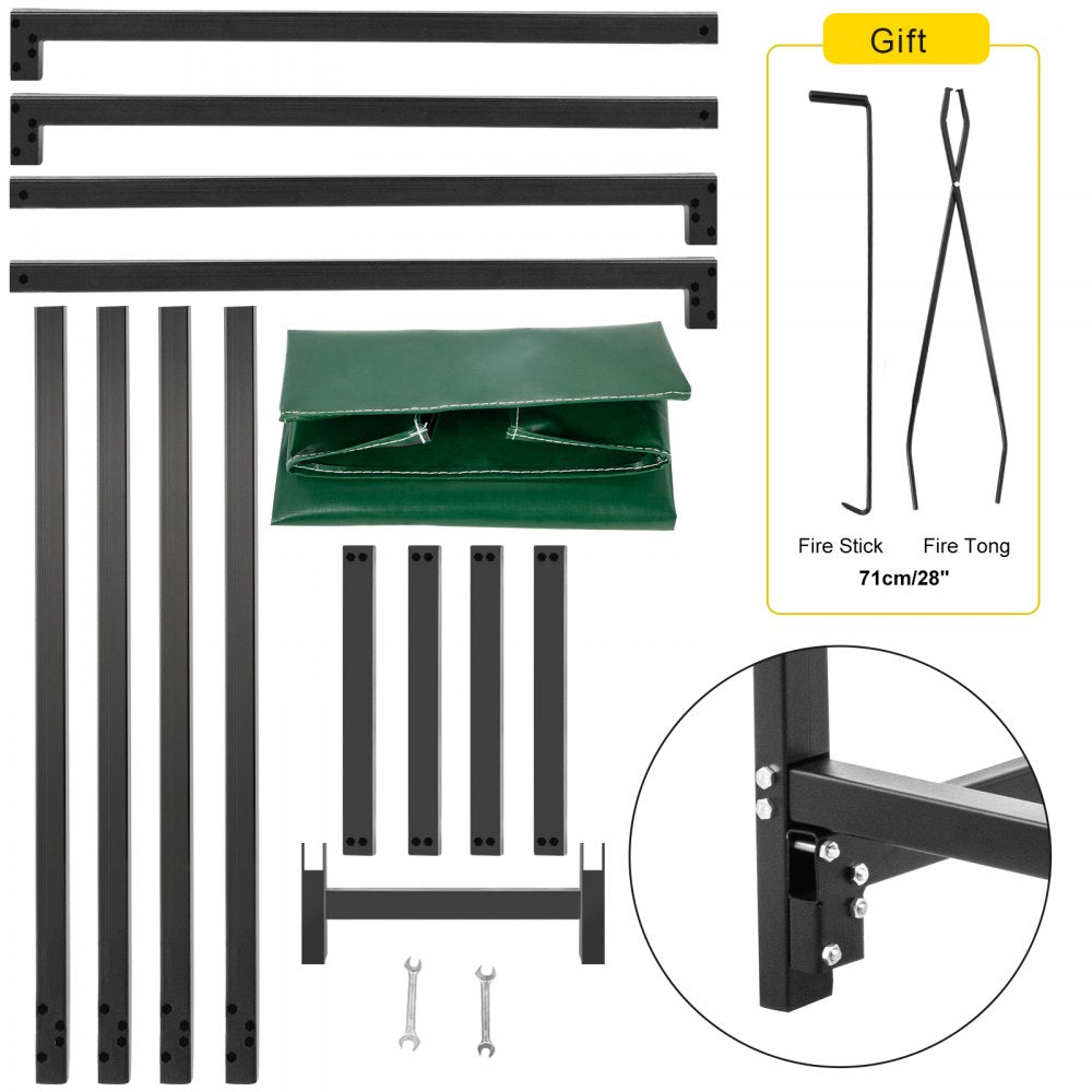 8ft Outdoor Steel Firewood Log Holder with Cover and Tool Set - 1300lbs Capacity