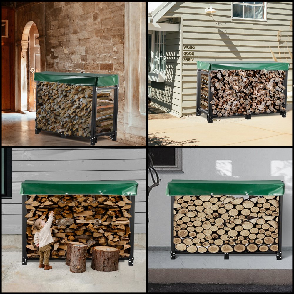 8ft Outdoor Steel Firewood Log Holder with Cover and Tool Set - 1300lbs Capacity