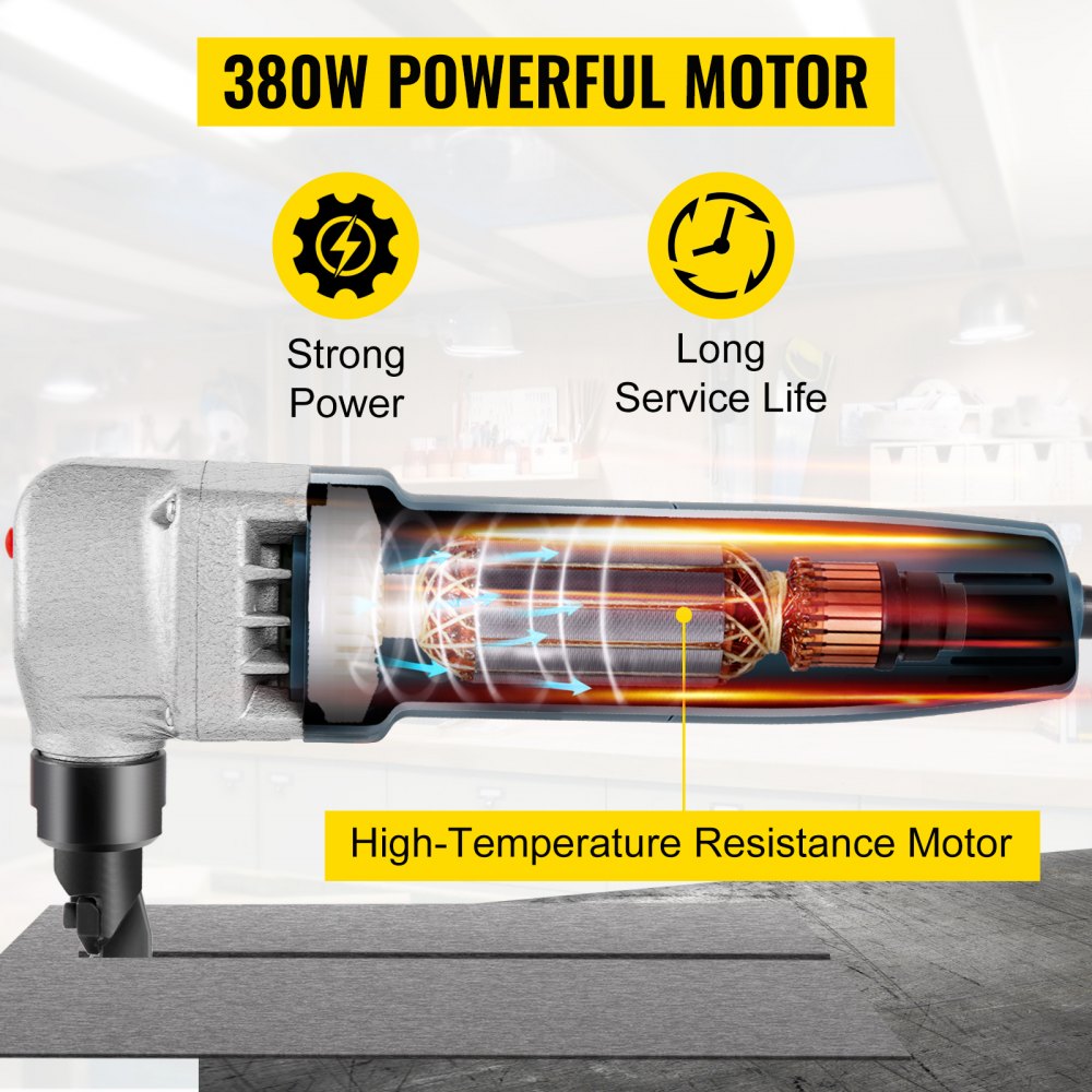 High-Speed 380W Electric Metal Nibbler with 1800RPM Rotor and Replaceable Blades for Cutting Stainless Steel, Aluminum, and Plastic