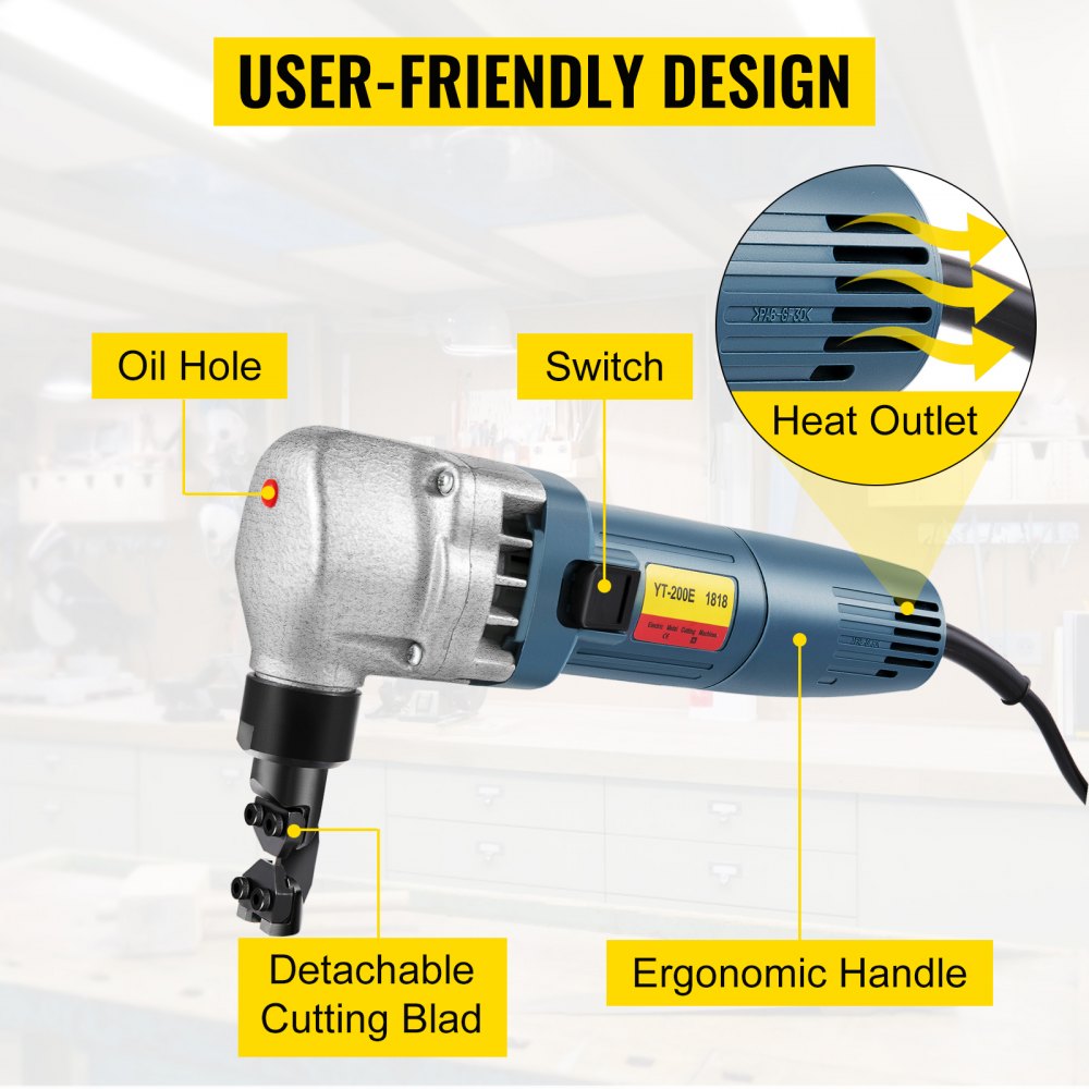 High-Speed 380W Electric Metal Nibbler with 1800RPM Rotor and Replaceable Blades for Cutting Stainless Steel, Aluminum, and Plastic