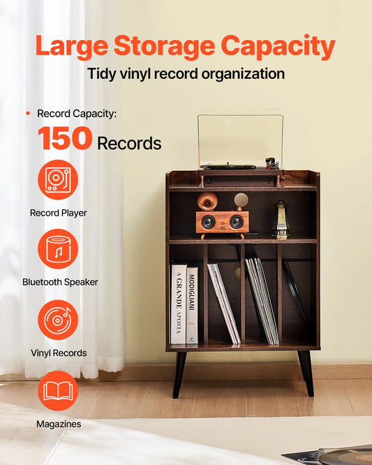 3-Tier Turntable Stand with LED Light, USB Charging, & 150 Vinyl Storage - Stylish Record Player Cabinet for Bedroom & Living Room Display