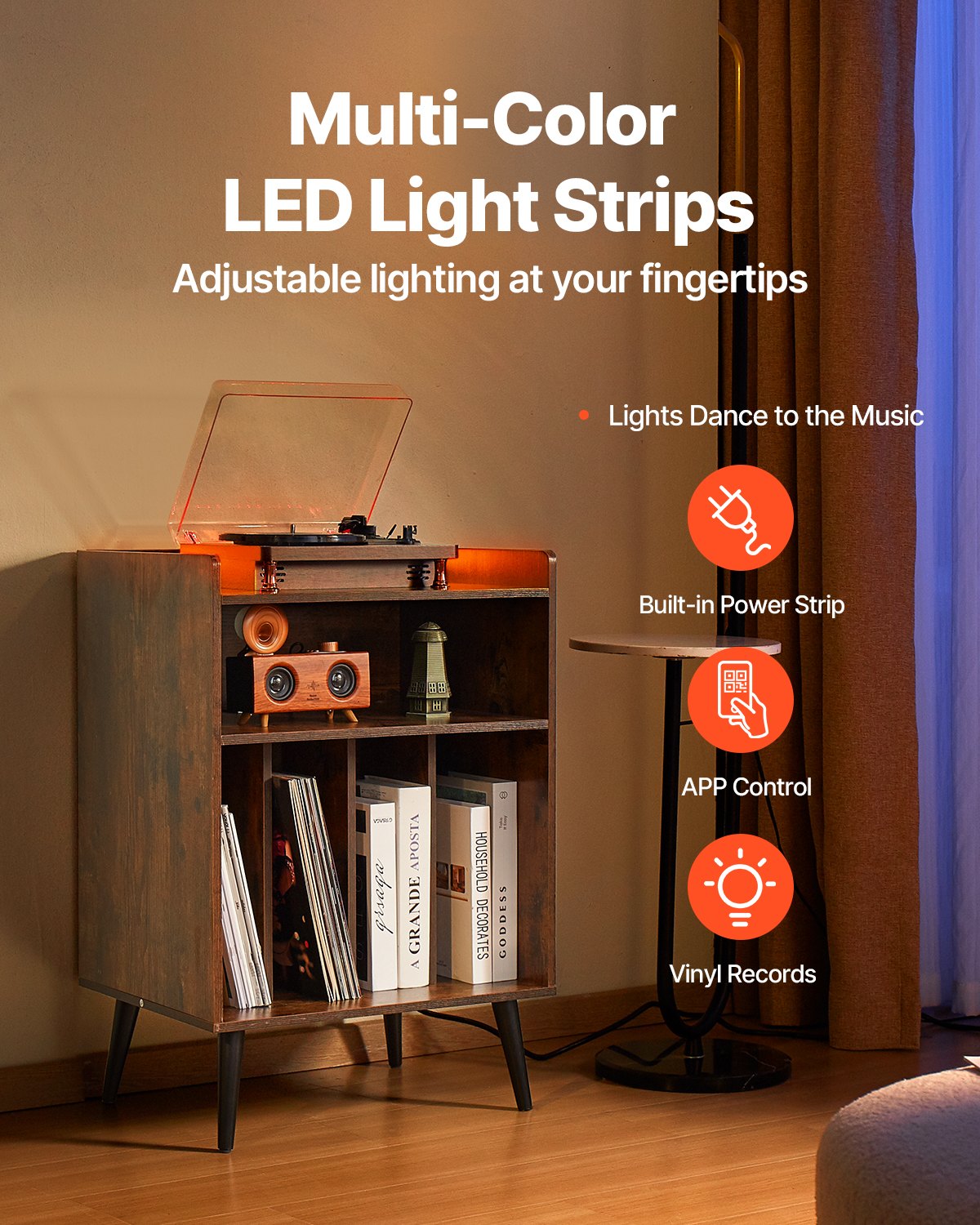 3-Tier Turntable Stand with LED Light, USB Charging, & 150 Vinyl Storage - Stylish Record Player Cabinet for Bedroom & Living Room Display