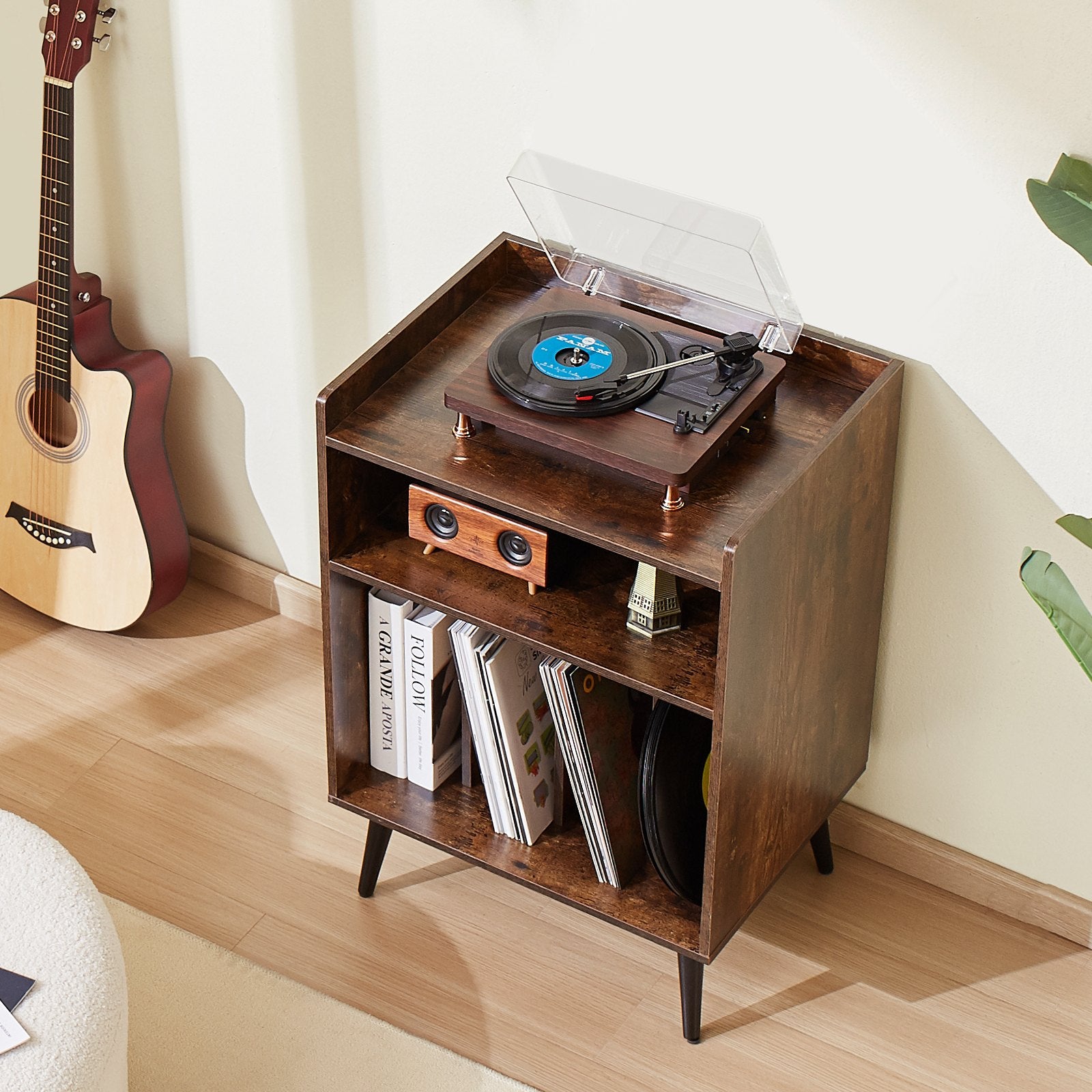 3-Tier Turntable Stand with LED Light, USB Charging, & 150 Vinyl Storage - Stylish Record Player Cabinet for Bedroom & Living Room Display