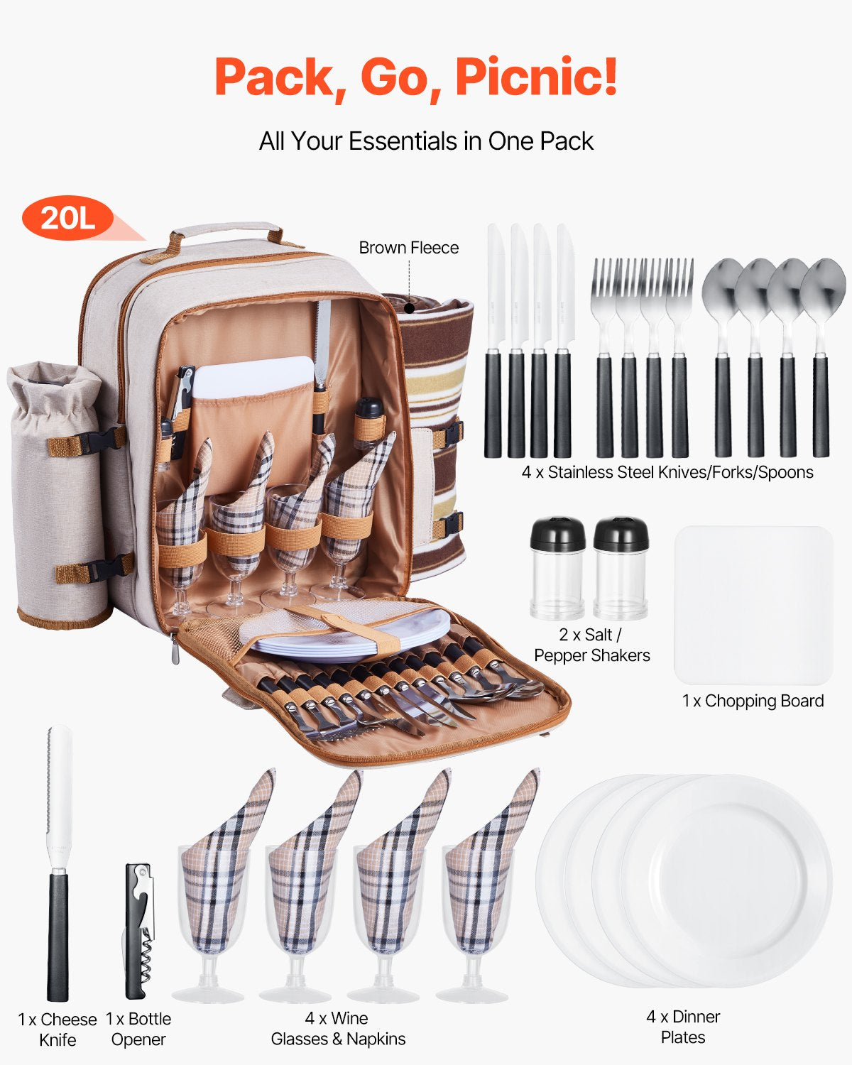 4-Person Picnic Backpack with Cooler, Wine Holder & Blanket - Ideal for Beach, Hiking, Camping - Durable, Lightweight & Stylish Outdoor Dining Set