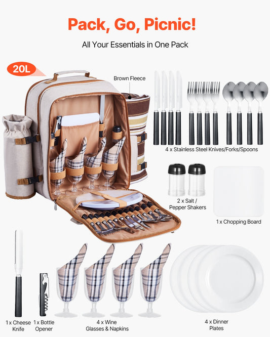 4-Person Picnic Backpack with Cooler, Wine Holder & Blanket - Ideal for Beach, Hiking, Camping - Durable, Lightweight & Stylish Outdoor Dining Set