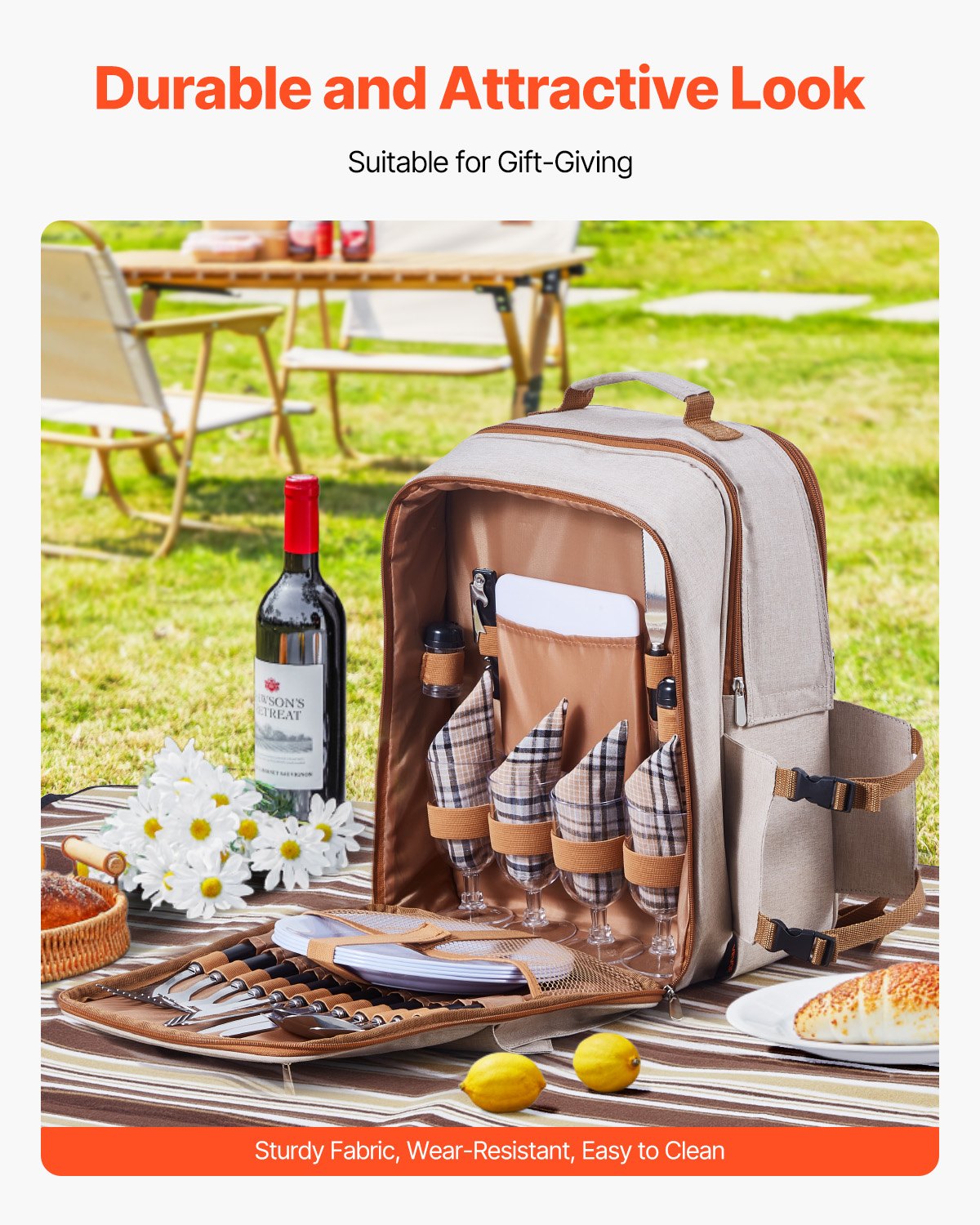 4-Person Picnic Backpack with Cooler, Wine Holder & Blanket - Ideal for Beach, Hiking, Camping - Durable, Lightweight & Stylish Outdoor Dining Set