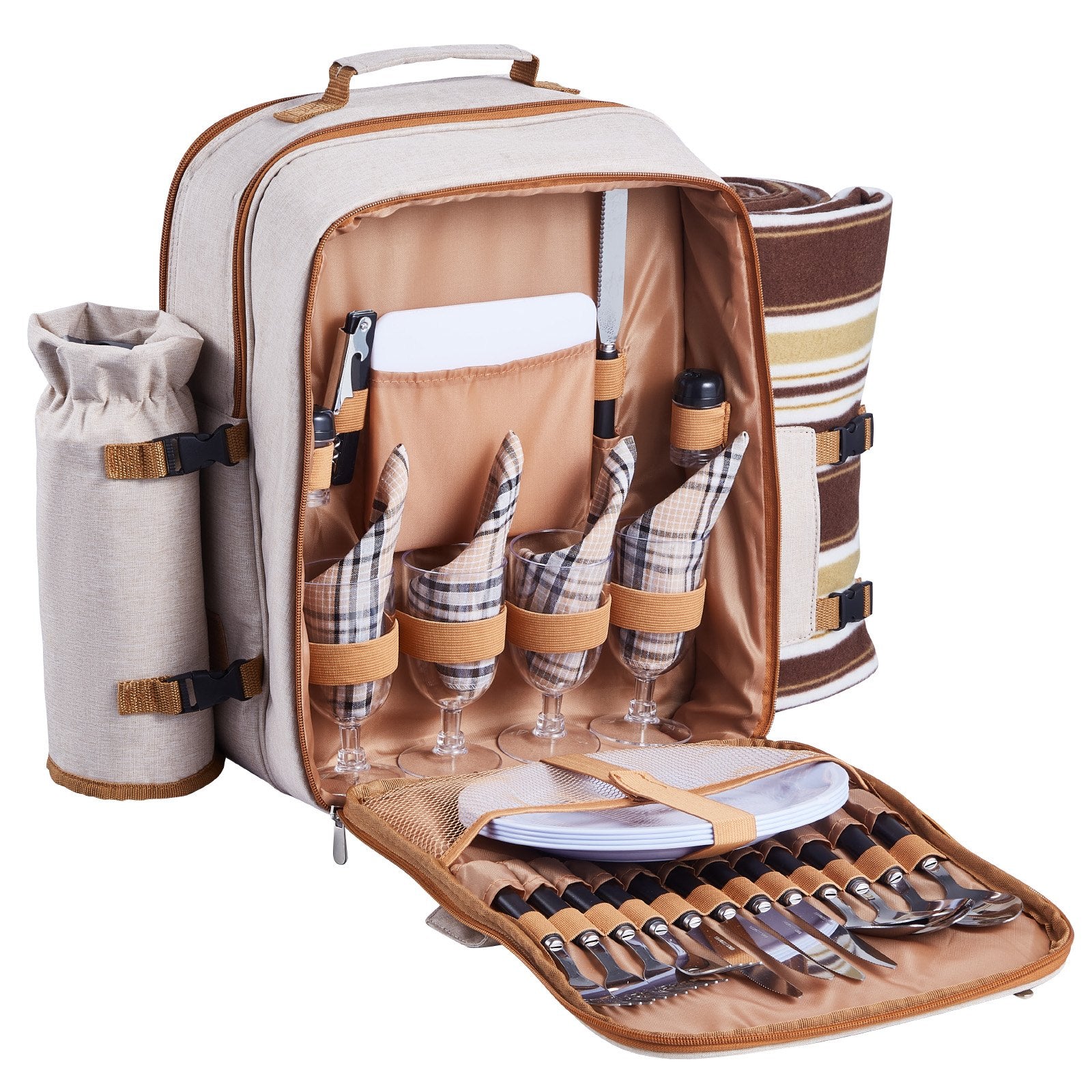 4-Person Picnic Backpack with Cooler, Wine Holder & Blanket - Ideal for Beach, Hiking, Camping - Durable, Lightweight & Stylish Outdoor Dining Set