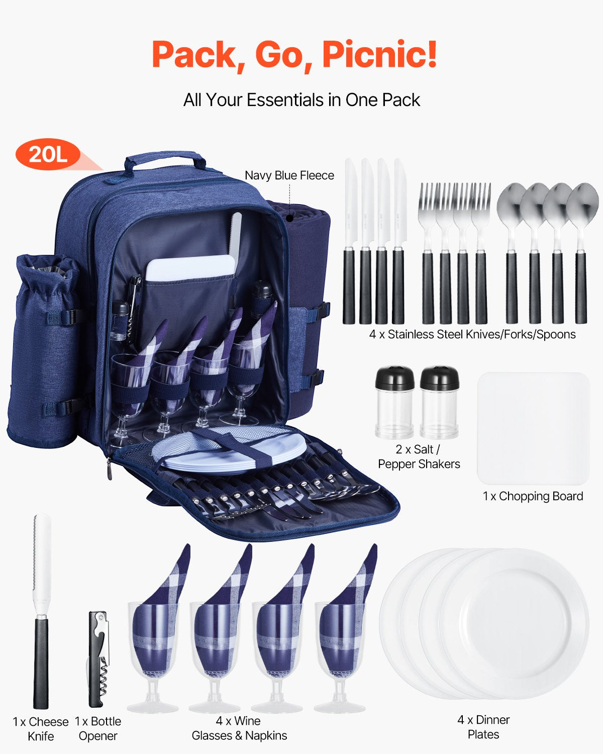 4-Person Navy Blue Picnic Backpack with Insulated Cooler, Detachable Wine Holder, Blanket, Plates & Cutlery for Outdoor Adventures