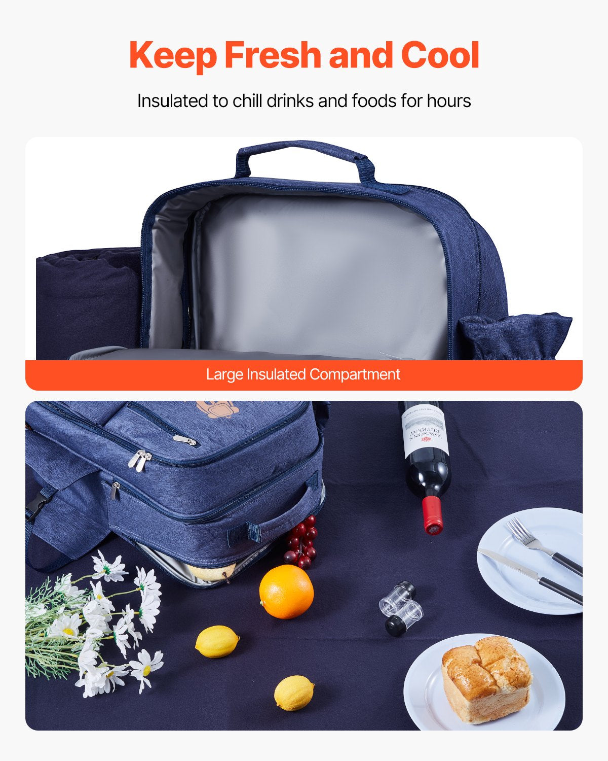 4-Person Navy Blue Picnic Backpack with Insulated Cooler, Detachable Wine Holder, Blanket, Plates & Cutlery for Outdoor Adventures
