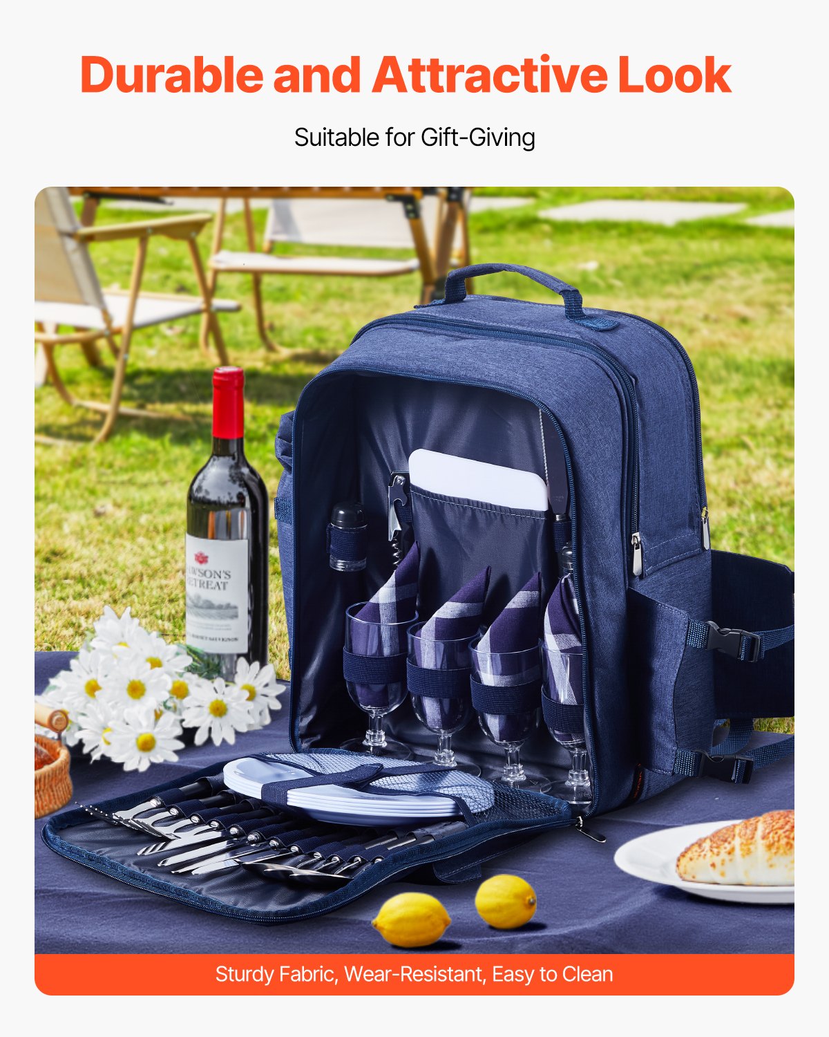 4-Person Navy Blue Picnic Backpack with Insulated Cooler, Detachable Wine Holder, Blanket, Plates & Cutlery for Outdoor Adventures