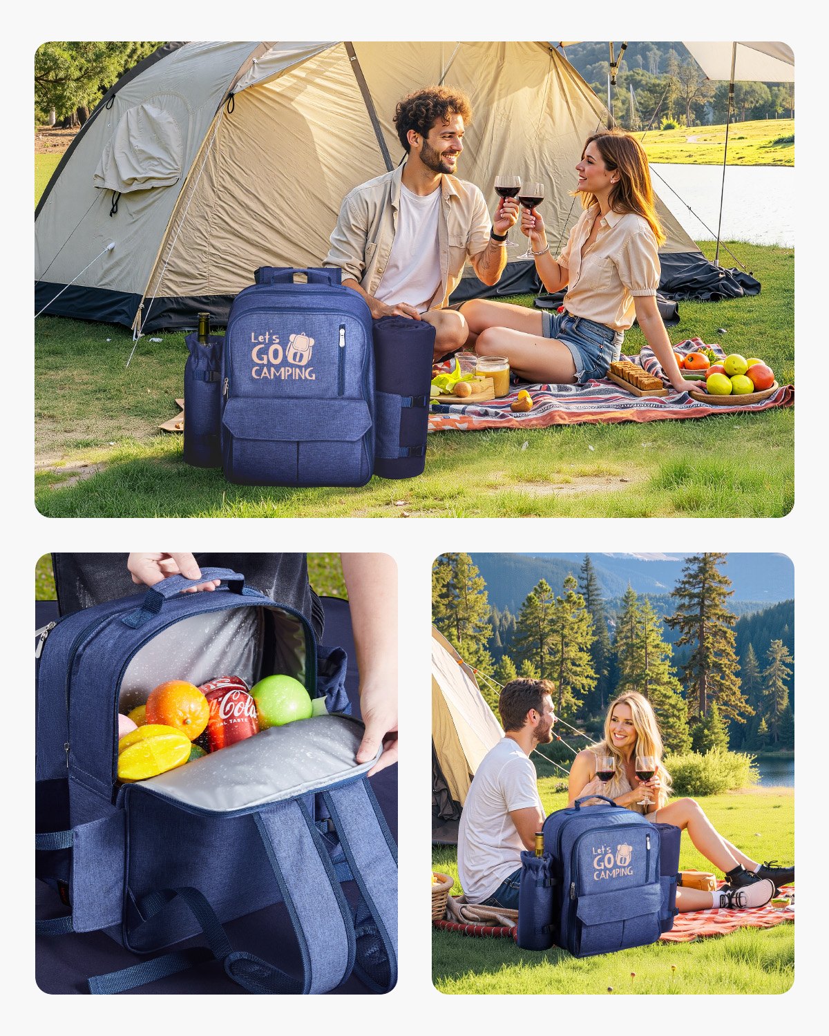 4-Person Navy Blue Picnic Backpack with Insulated Cooler, Detachable Wine Holder, Blanket, Plates & Cutlery for Outdoor Adventures