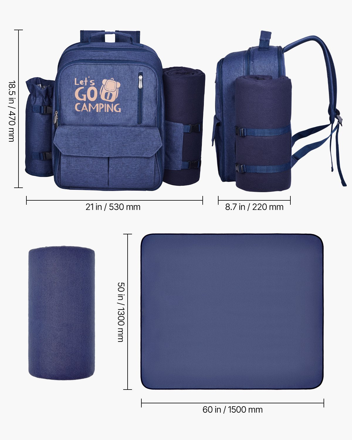 4-Person Navy Blue Picnic Backpack with Insulated Cooler, Detachable Wine Holder, Blanket, Plates & Cutlery for Outdoor Adventures