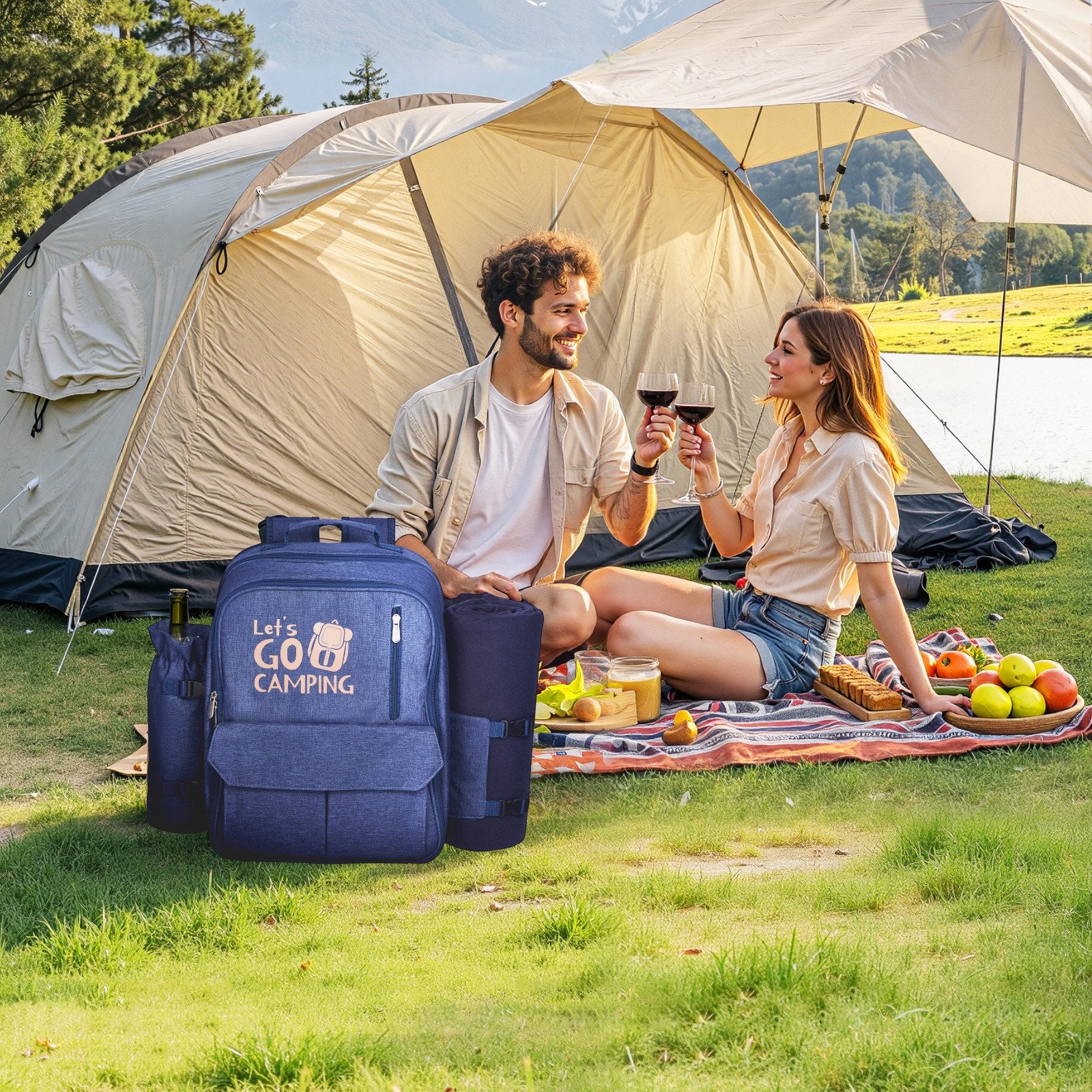 4-Person Navy Blue Picnic Backpack with Insulated Cooler, Detachable Wine Holder, Blanket, Plates & Cutlery for Outdoor Adventures